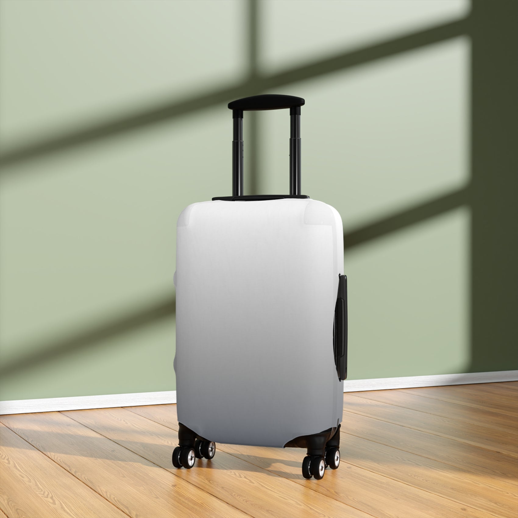 London Fog gray gradient stretch luggage cover fitted on rolling suitcase