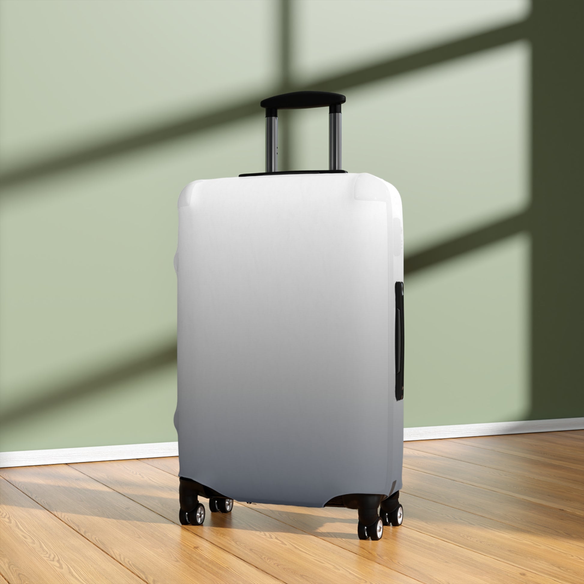 London Fog gray gradient stretch luggage cover fitted on rolling suitcase