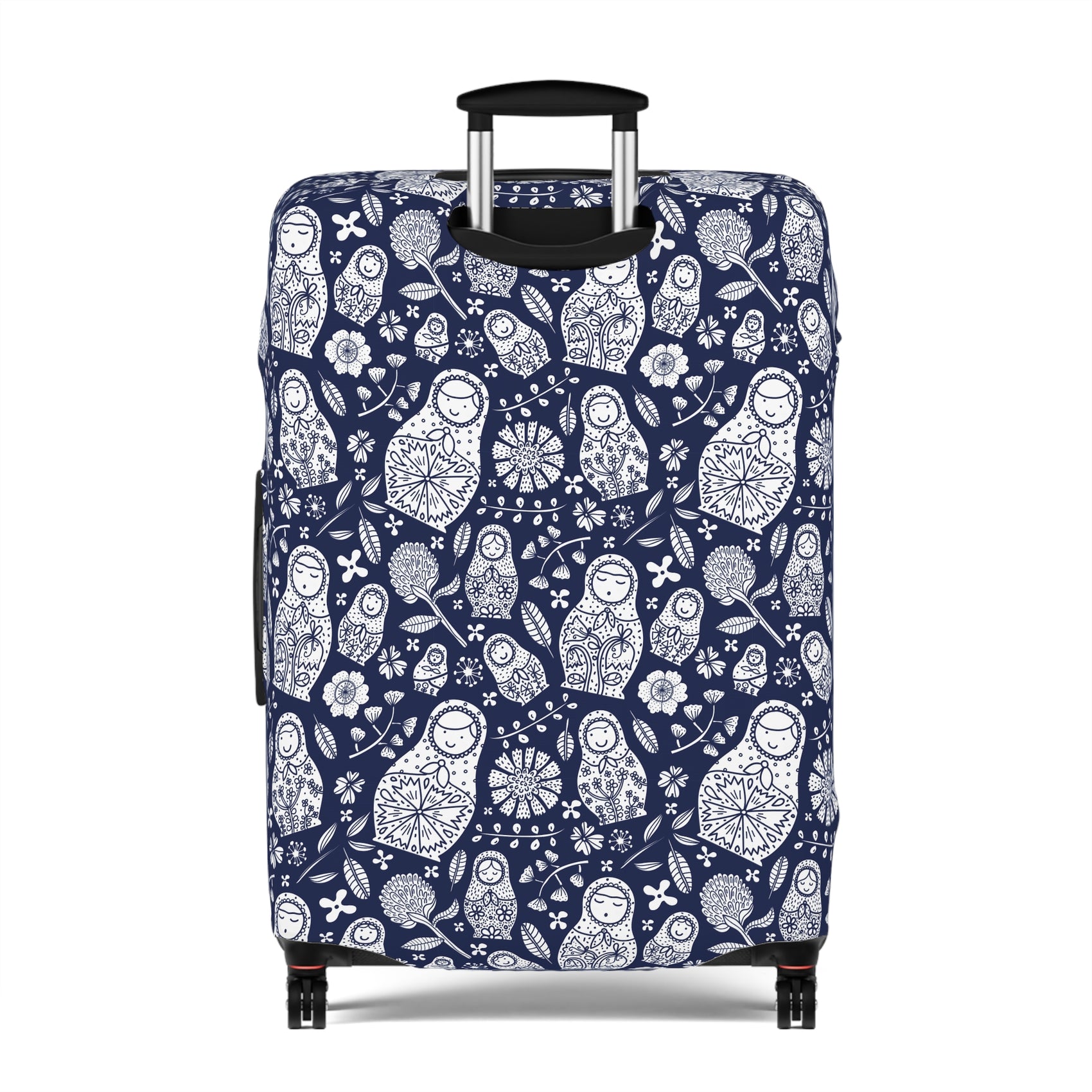 Matryoshka Blue folk art stretch luggage cover with white nesting doll pattern on deep blue background