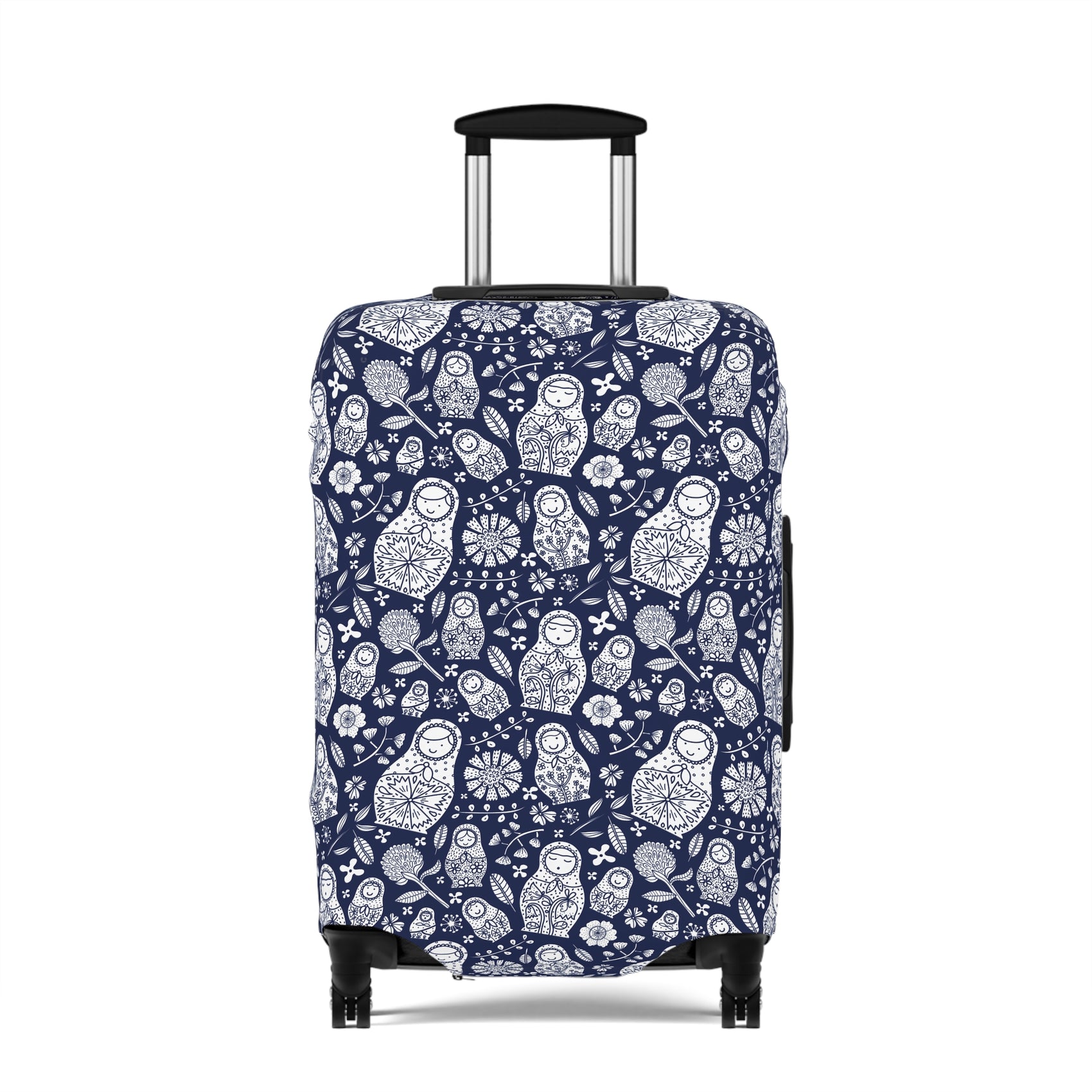 Matryoshka Blue folk art stretch luggage cover with white nesting doll pattern on deep blue background