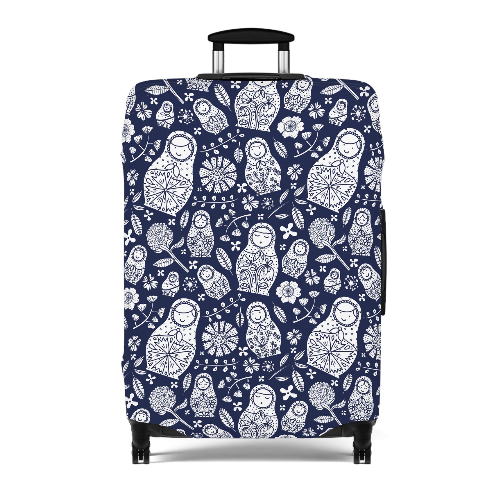 Matryoshka Blue folk art stretch luggage cover with white nesting doll pattern on deep blue background