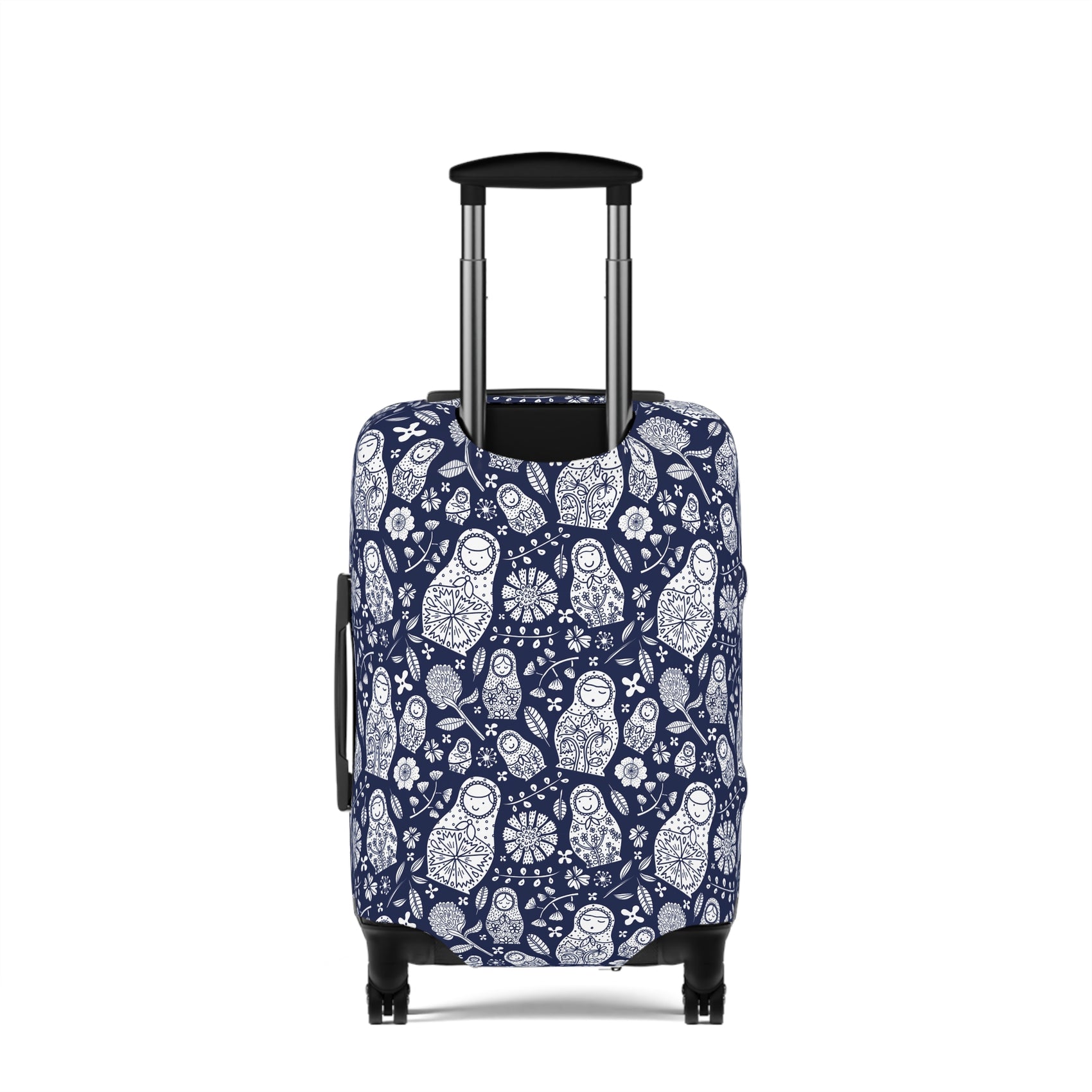 Matryoshka Blue folk art stretch luggage cover with white nesting doll pattern on deep blue background
