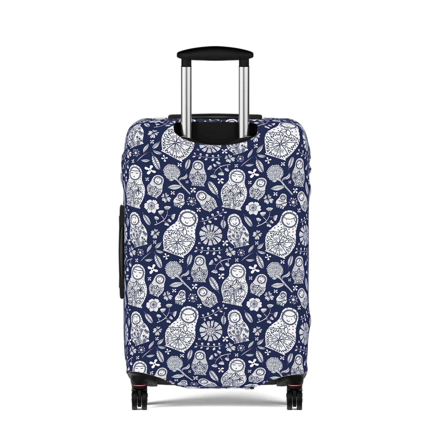 Matryoshka Blue folk art stretch luggage cover with white nesting doll pattern on deep blue background