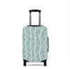 Norwegian Dusk tree pattern stretch luggage cover with white winter trees on blue green suitcase