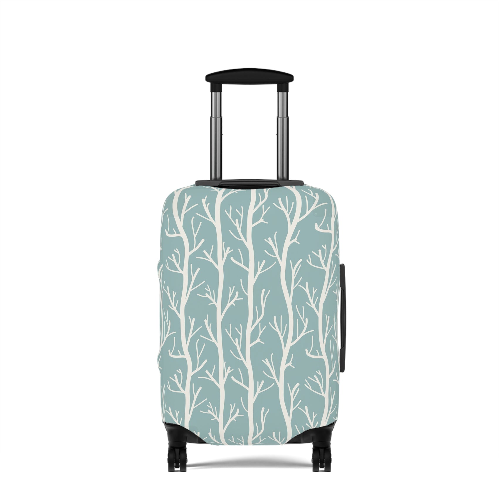 Norwegian Dusk tree pattern stretch luggage cover with white winter trees on blue green suitcase