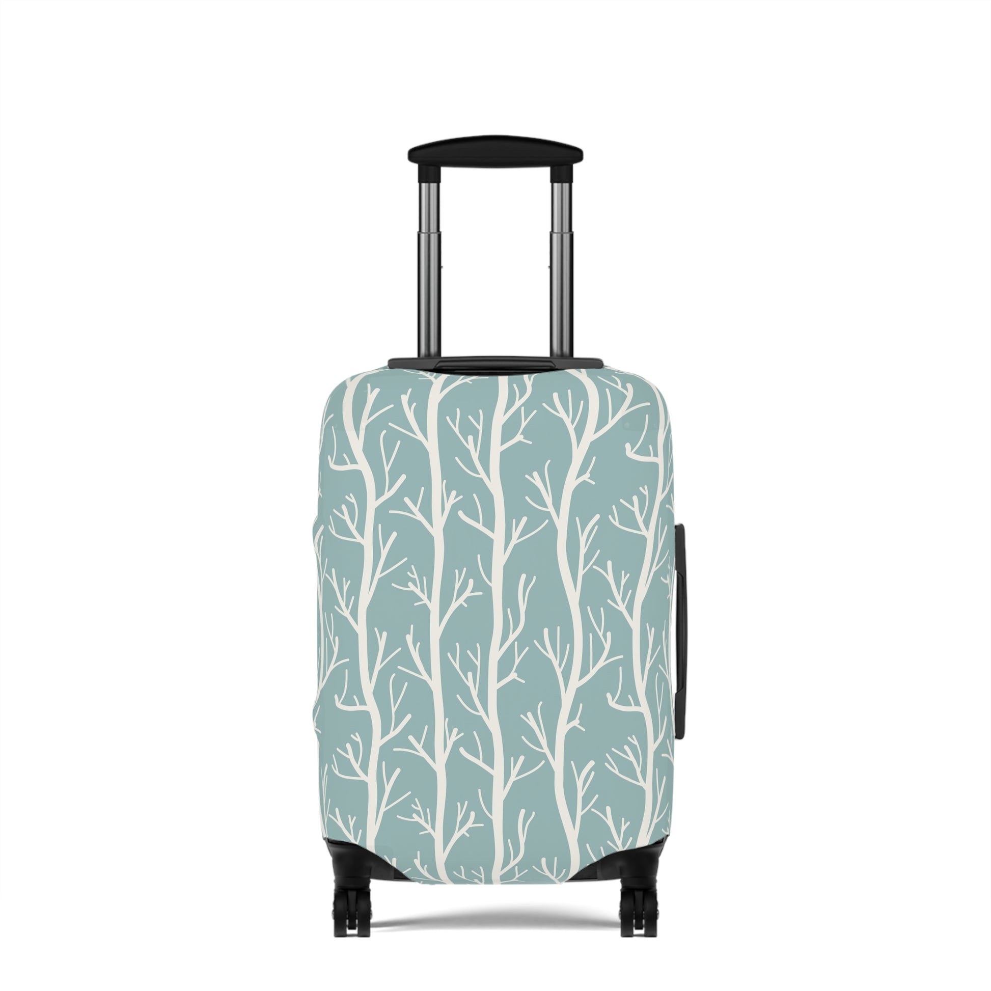 Norwegian Dusk tree pattern stretch luggage cover with white winter trees on blue green suitcase