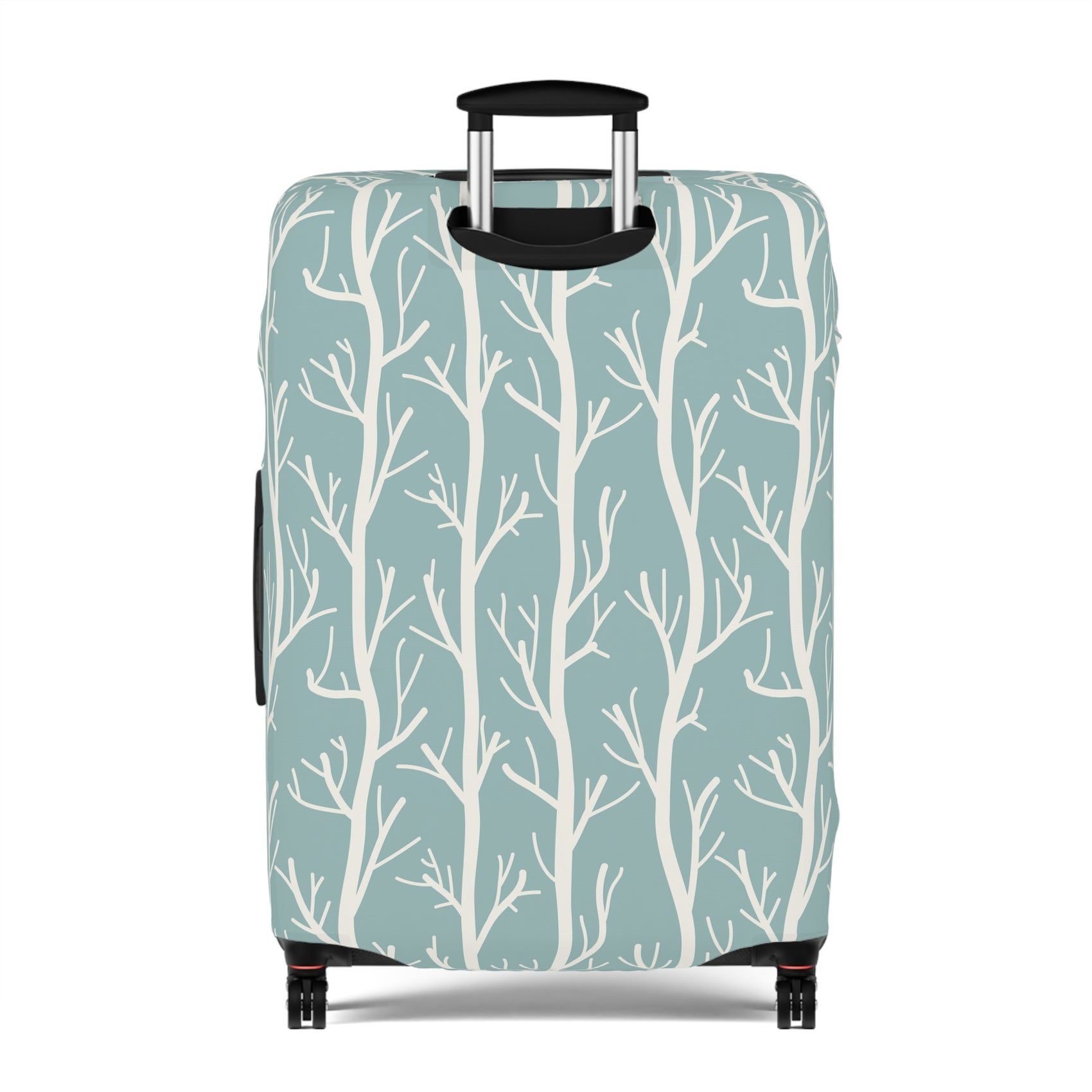 Norwegian Dusk tree pattern stretch luggage cover with white winter trees on blue green suitcase