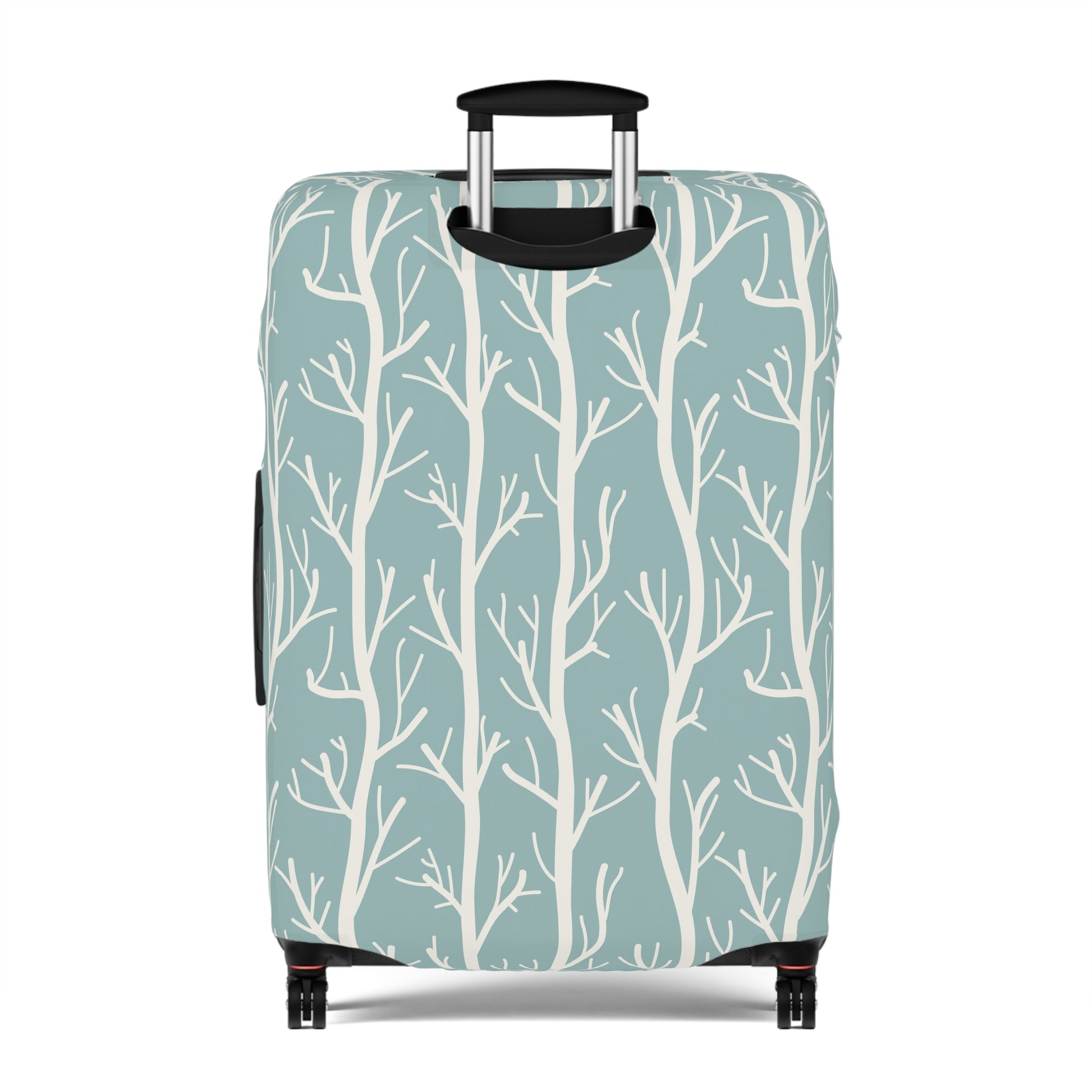 Norwegian Dusk tree pattern stretch luggage cover with white winter trees on blue green suitcase