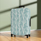 Norwegian Dusk tree pattern stretch luggage cover with white winter trees on blue green suitcase