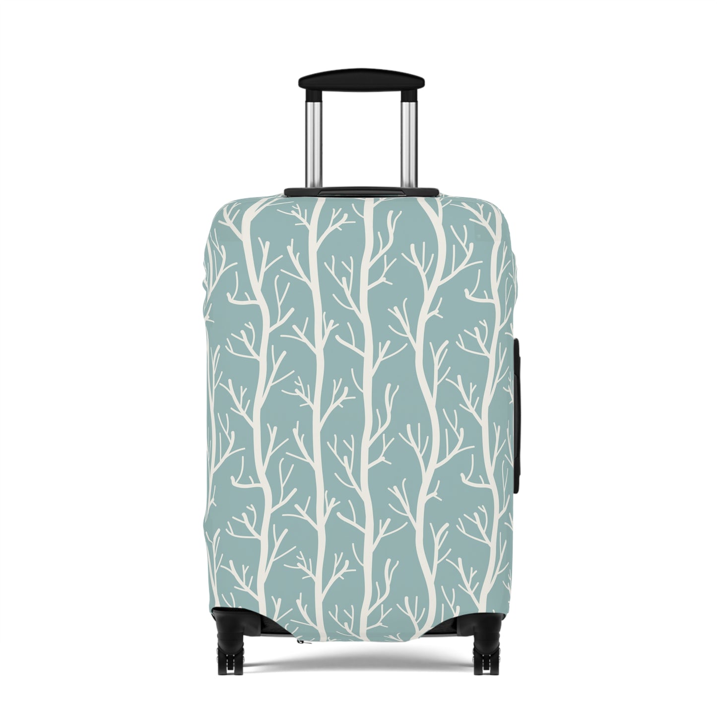 Norwegian Dusk tree pattern stretch luggage cover with white winter trees on blue green suitcase