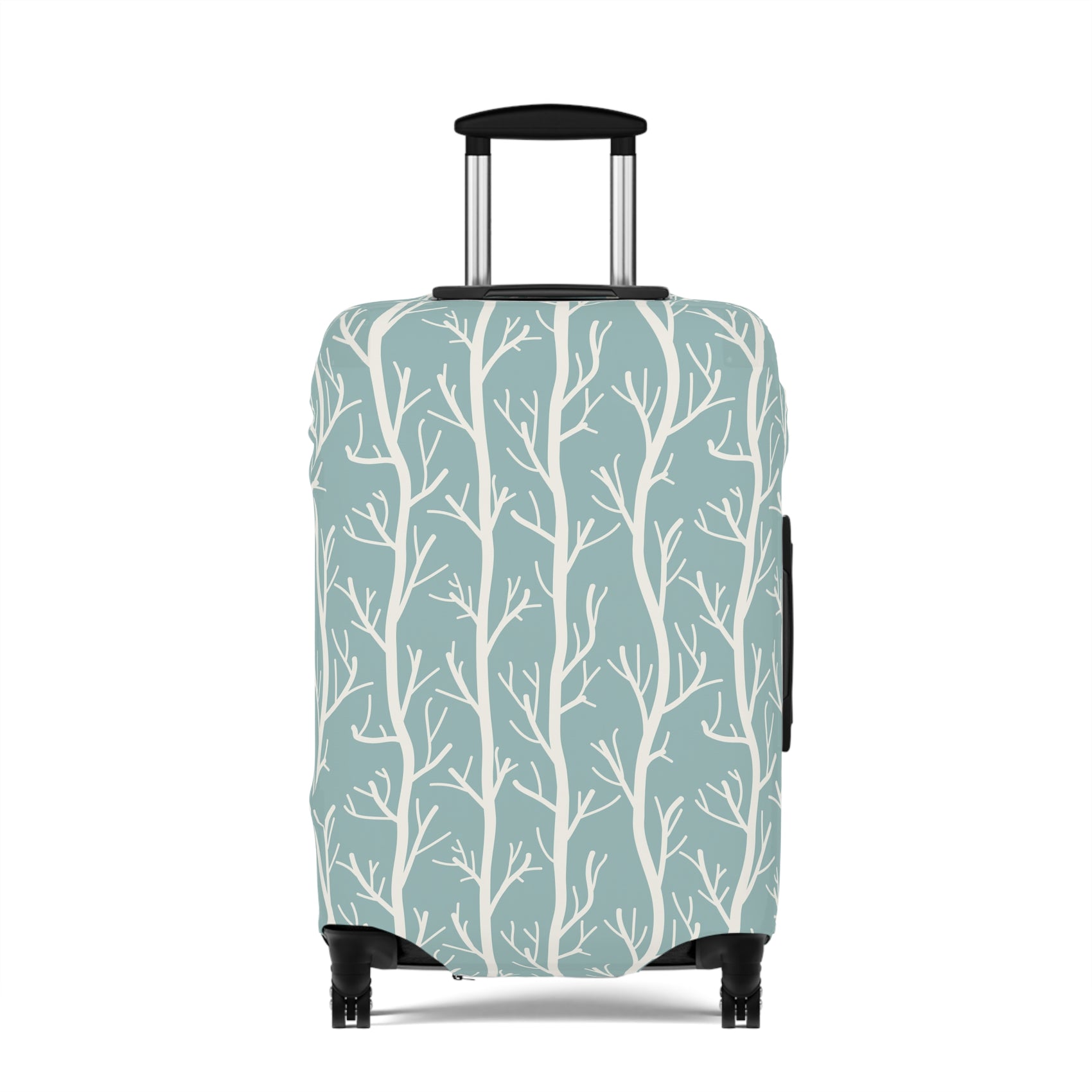 Norwegian Dusk tree pattern stretch luggage cover with white winter trees on blue green suitcase
