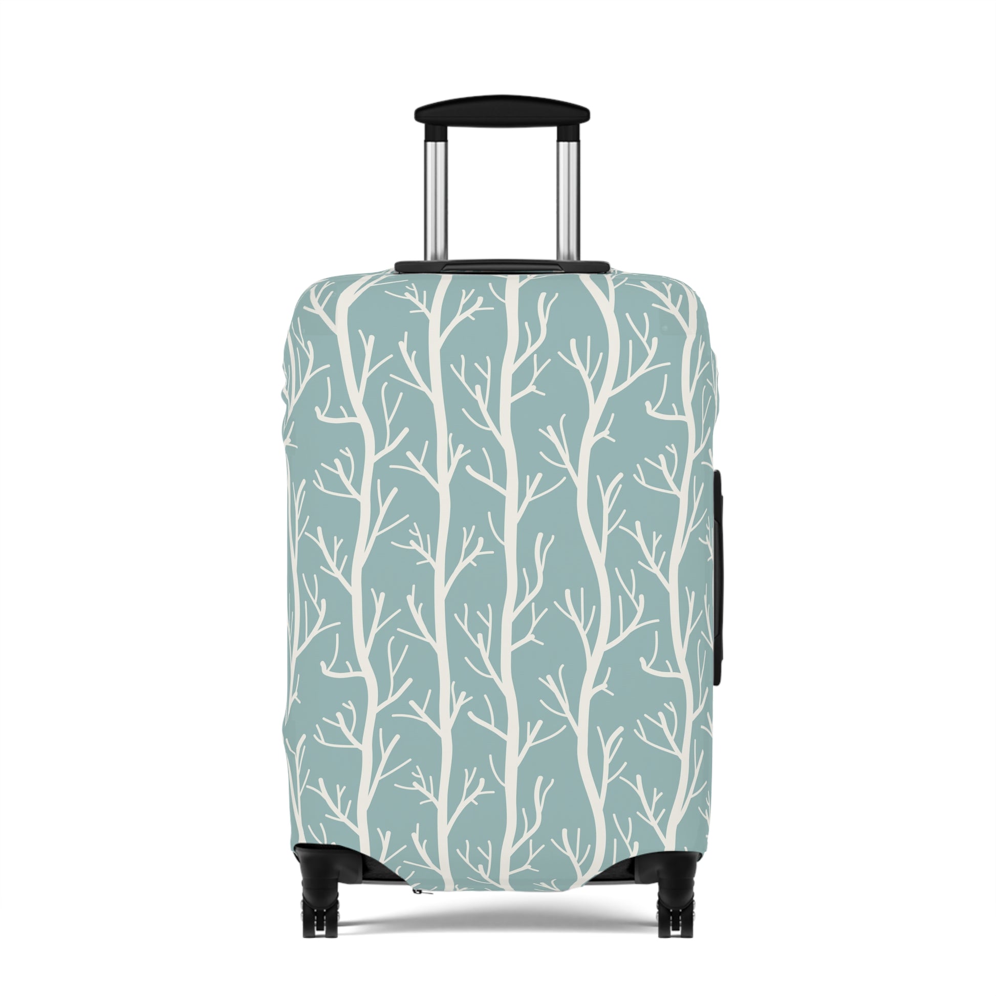 Norwegian Dusk tree pattern stretch luggage cover with white winter trees on blue green suitcase