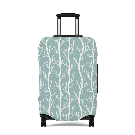 Norwegian Dusk tree pattern stretch luggage cover with white winter trees on blue green suitcase