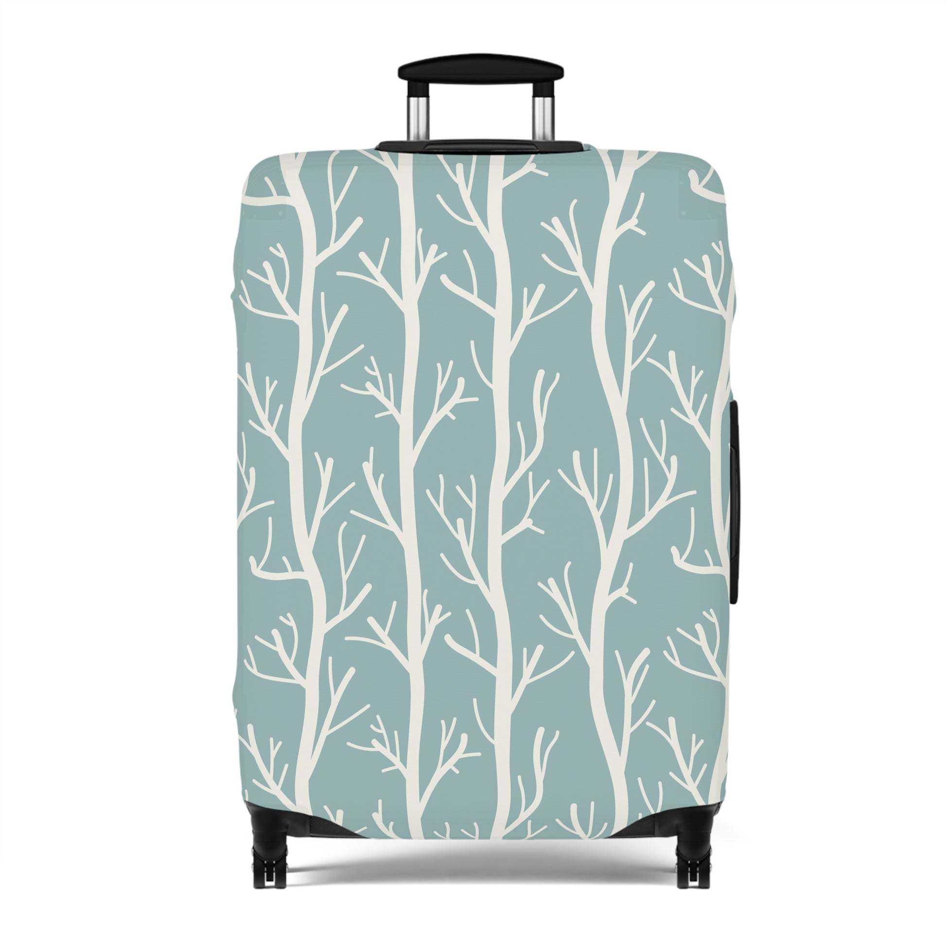 Norwegian Dusk tree pattern stretch luggage cover with white winter trees on blue green suitcase