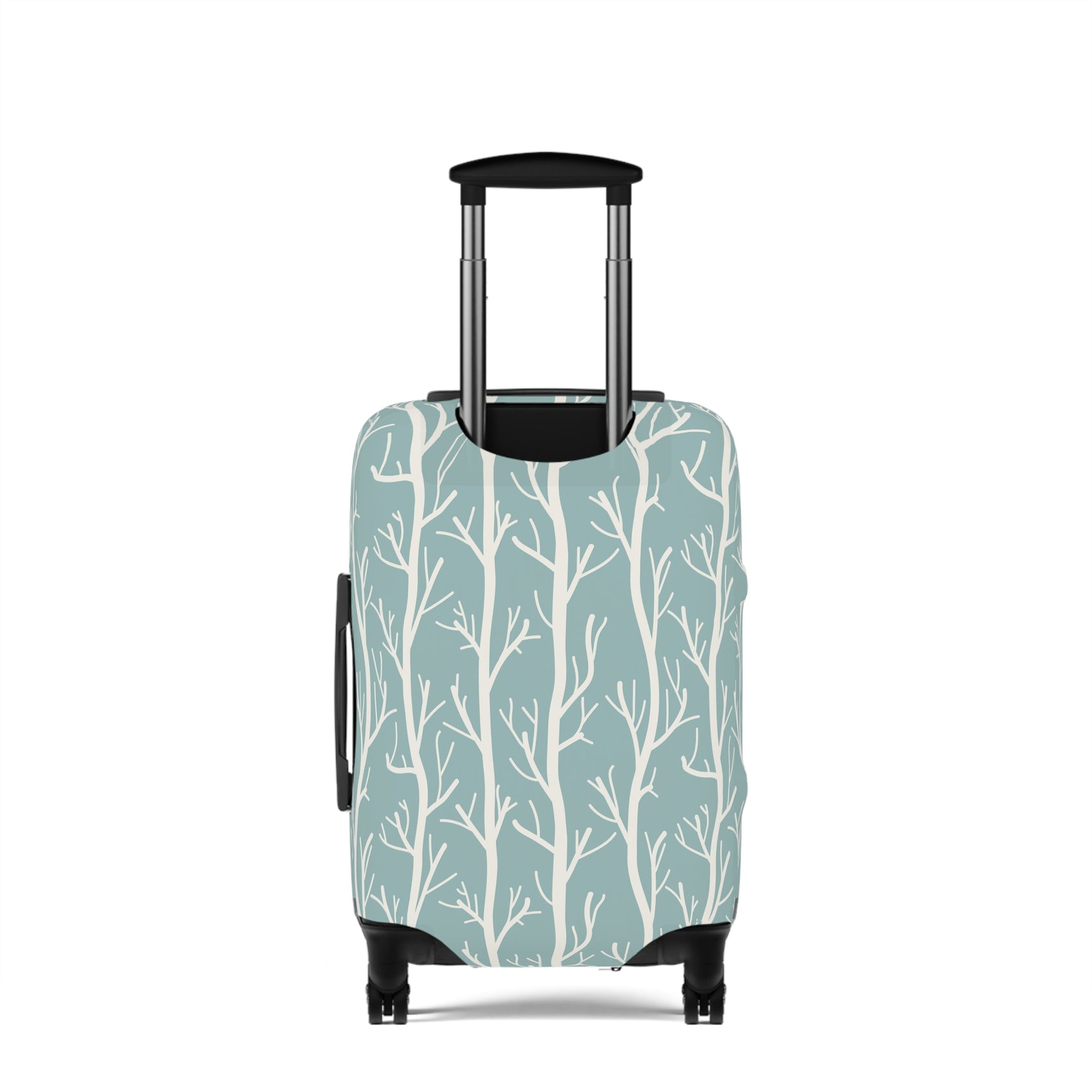 Norwegian Dusk tree pattern stretch luggage cover with white winter trees on blue green suitcase