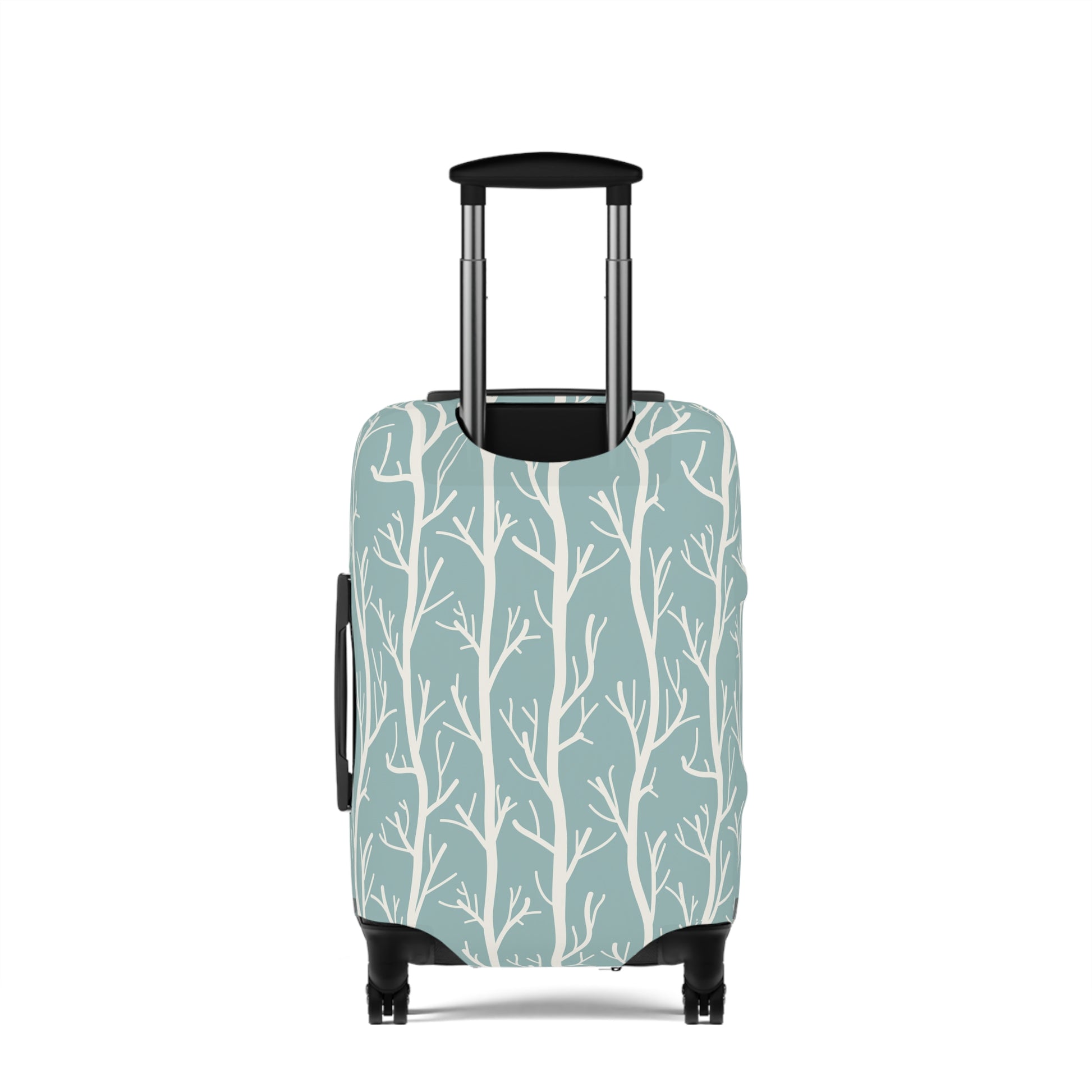 Norwegian Dusk tree pattern stretch luggage cover with white winter trees on blue green suitcase