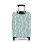 Norwegian Dusk tree pattern stretch luggage cover with white winter trees on blue green suitcase