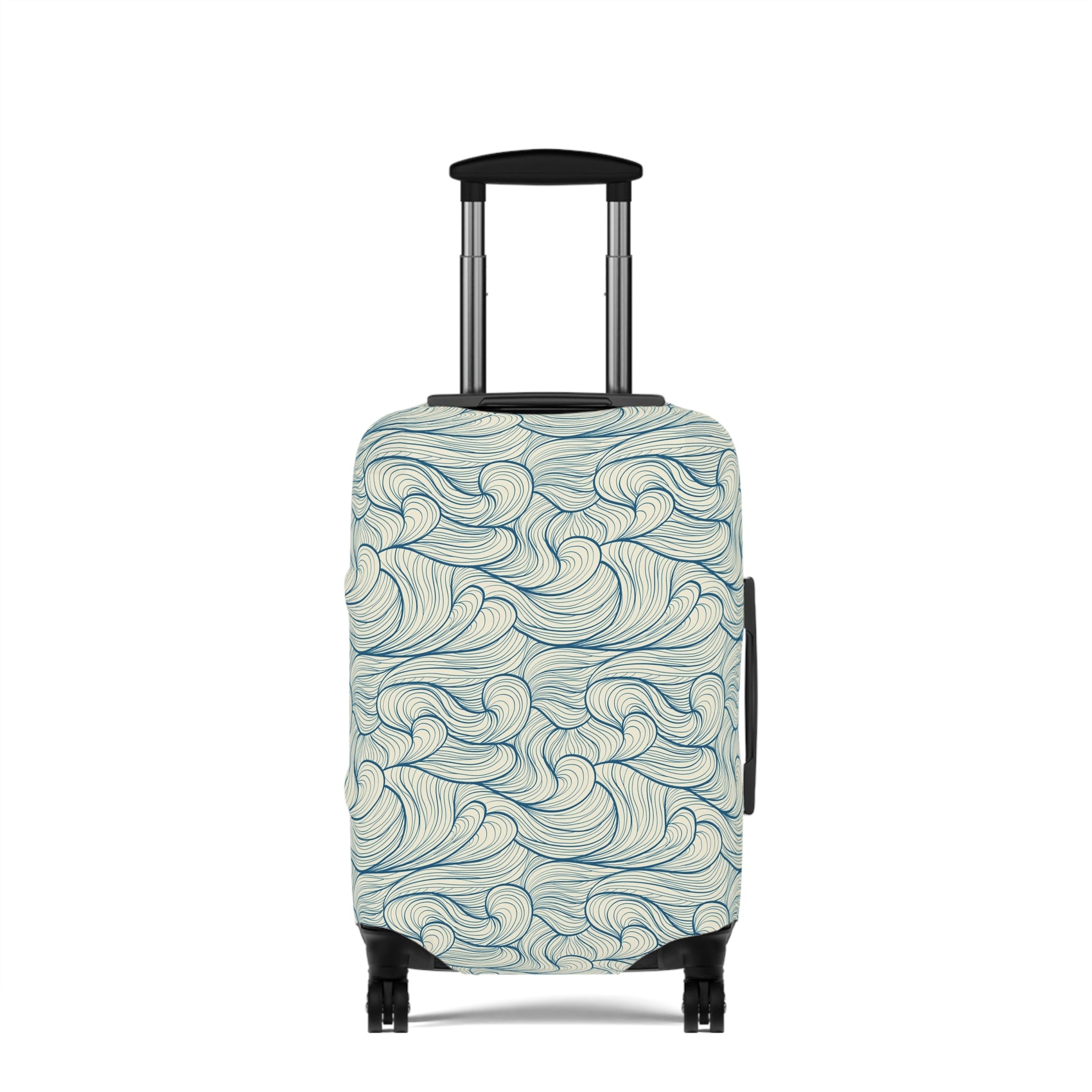 Blue wave patterned stretch luggage cover protecting a rolling suitcase