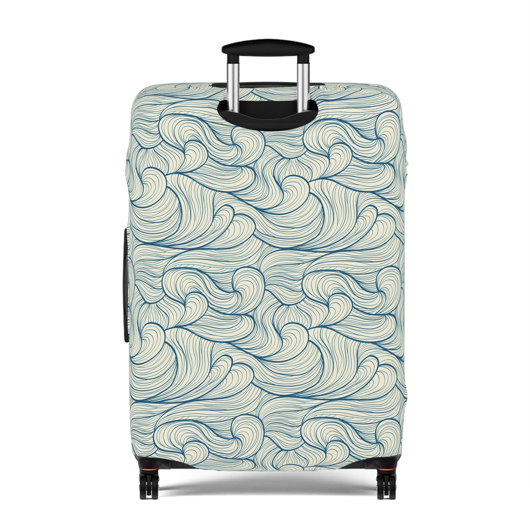 Blue wave patterned stretch luggage cover protecting a rolling suitcase