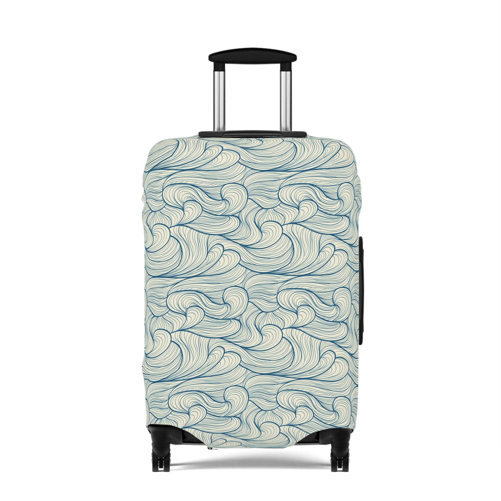 Blue wave patterned stretch luggage cover protecting a rolling suitcase