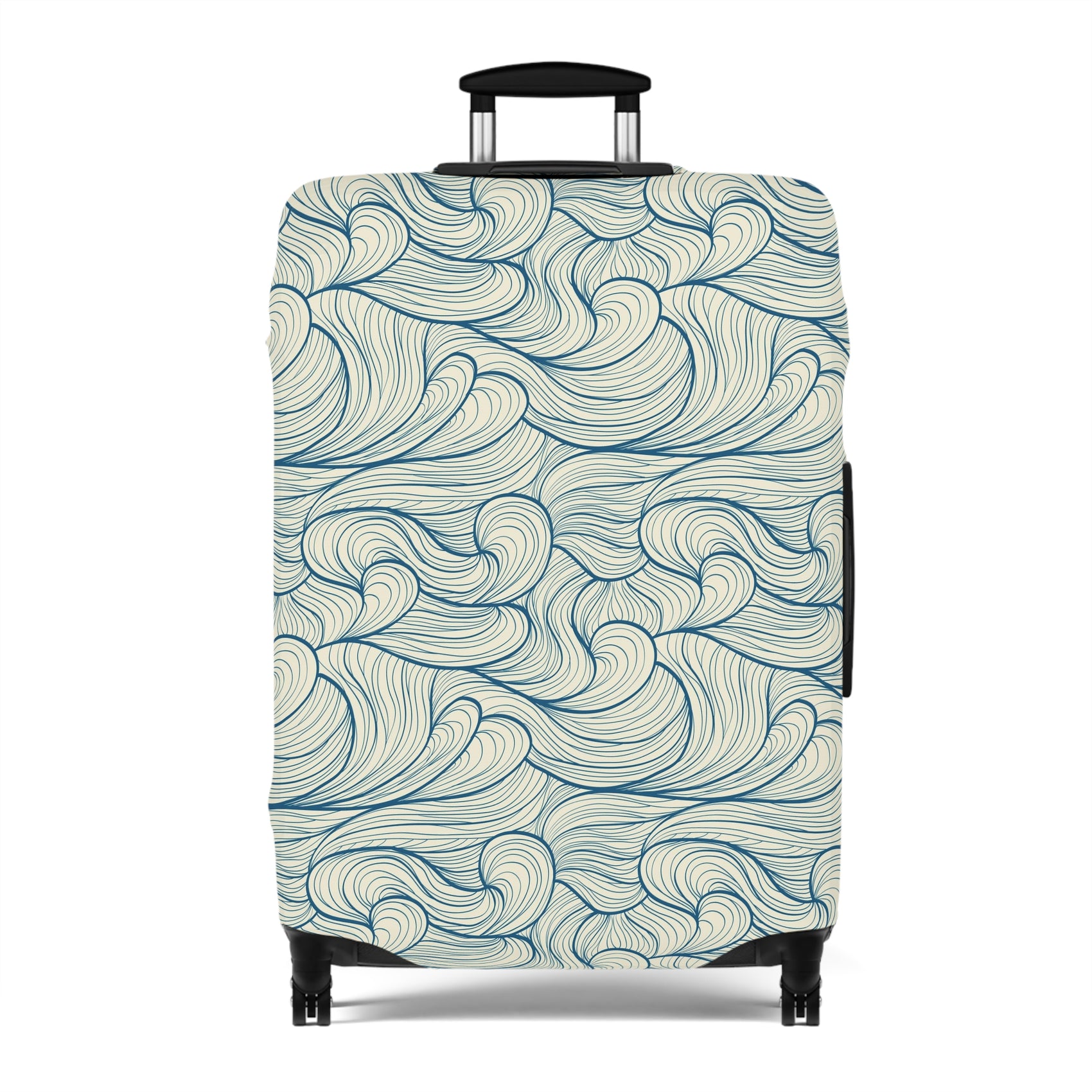 Blue wave patterned stretch luggage cover protecting a rolling suitcase