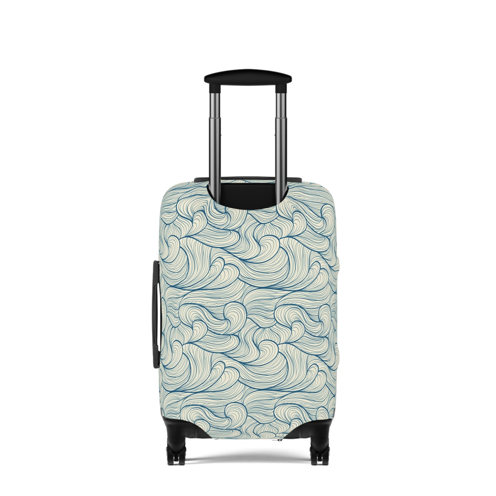 Blue wave patterned stretch luggage cover protecting a rolling suitcase