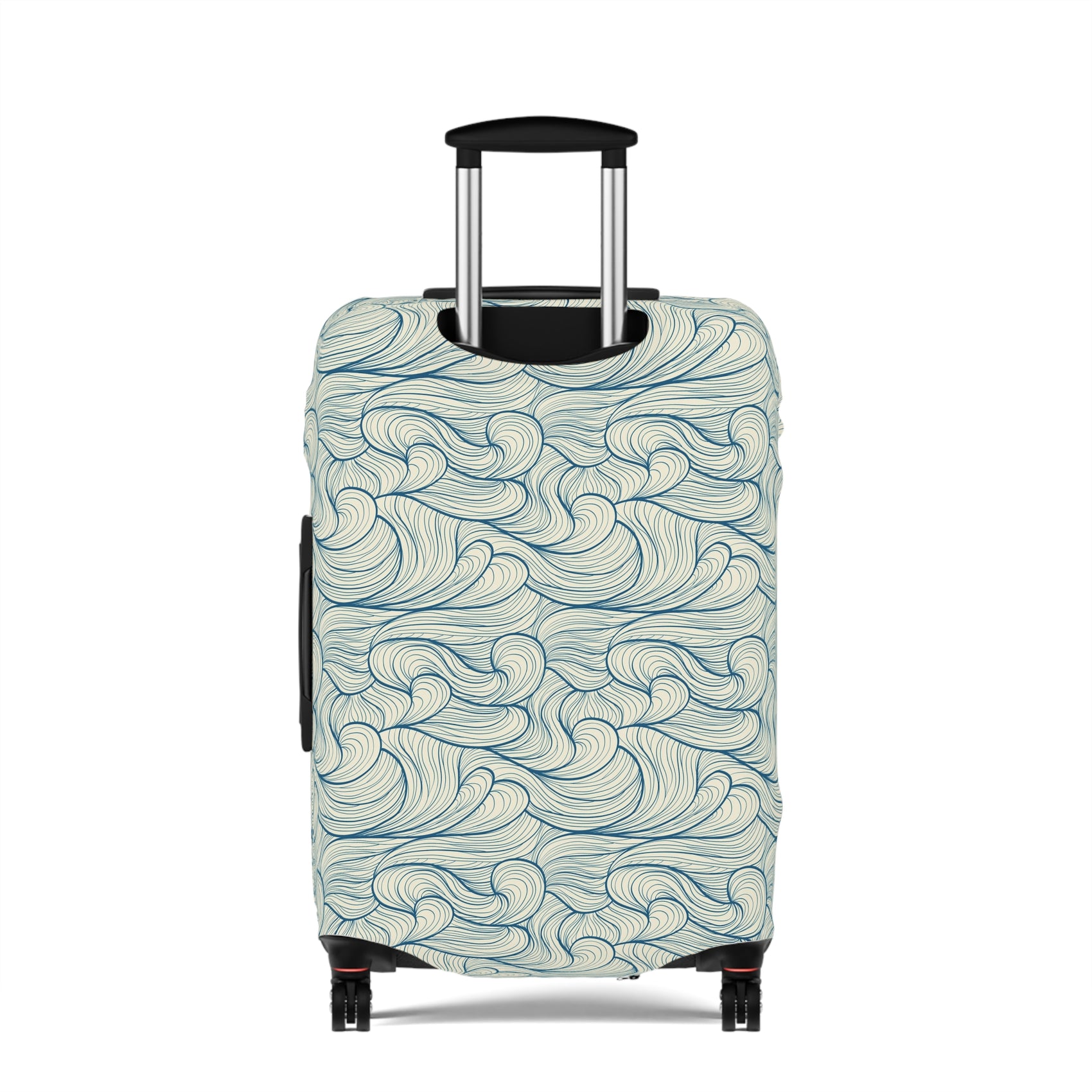Blue wave patterned stretch luggage cover protecting a rolling suitcase
