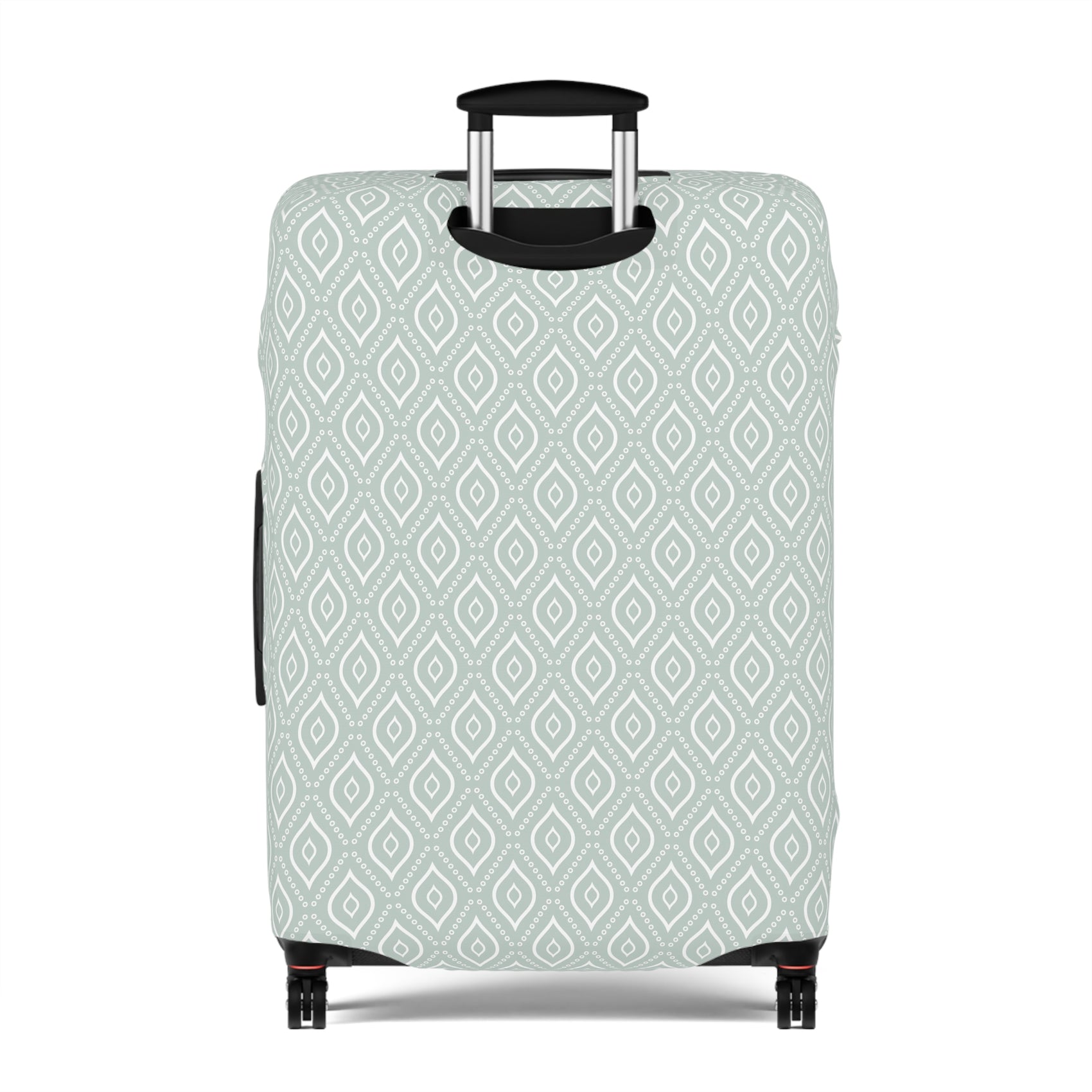 Persian Grace teal geometric stretch luggage cover with white diamond pattern on rolling suitcase