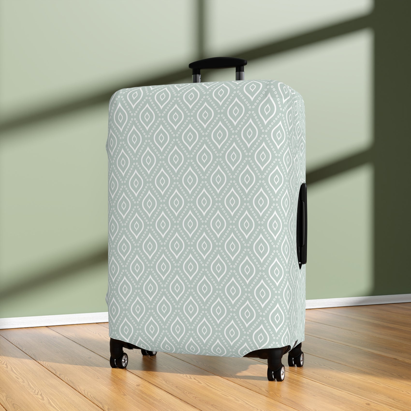 Persian Grace teal geometric stretch luggage cover with white diamond pattern on rolling suitcase