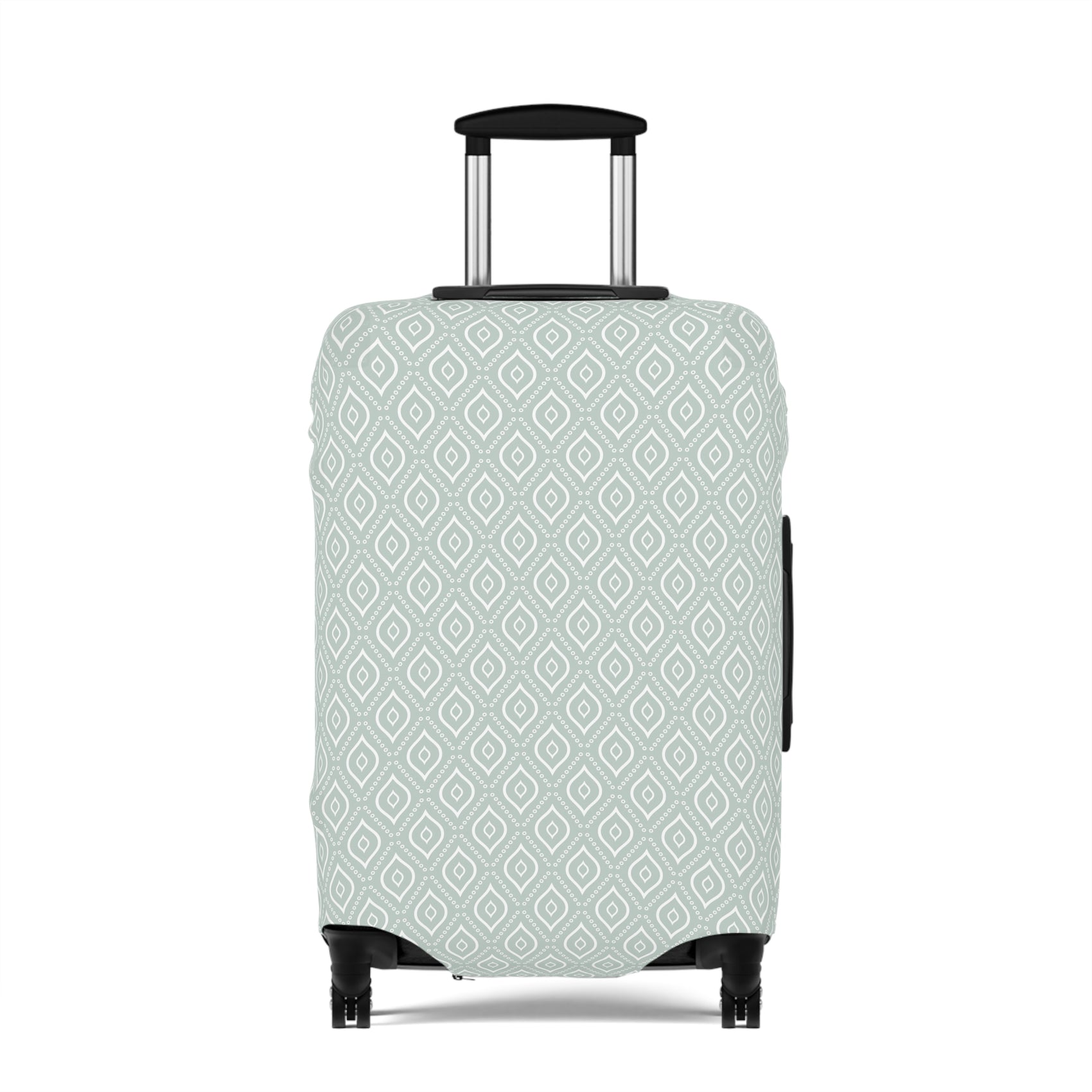 Persian Grace teal geometric stretch luggage cover with white diamond pattern on rolling suitcase