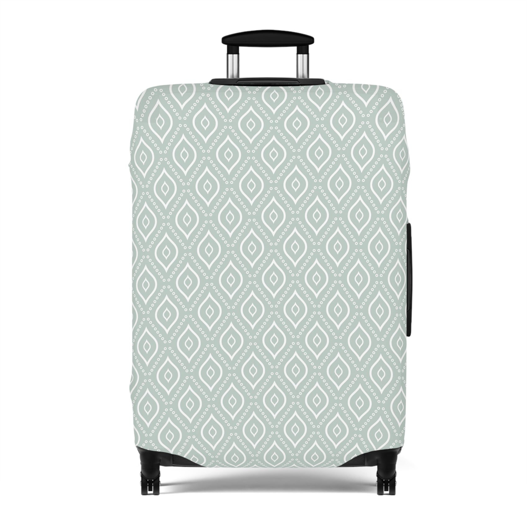 Persian Grace teal geometric stretch luggage cover with white diamond pattern on rolling suitcase