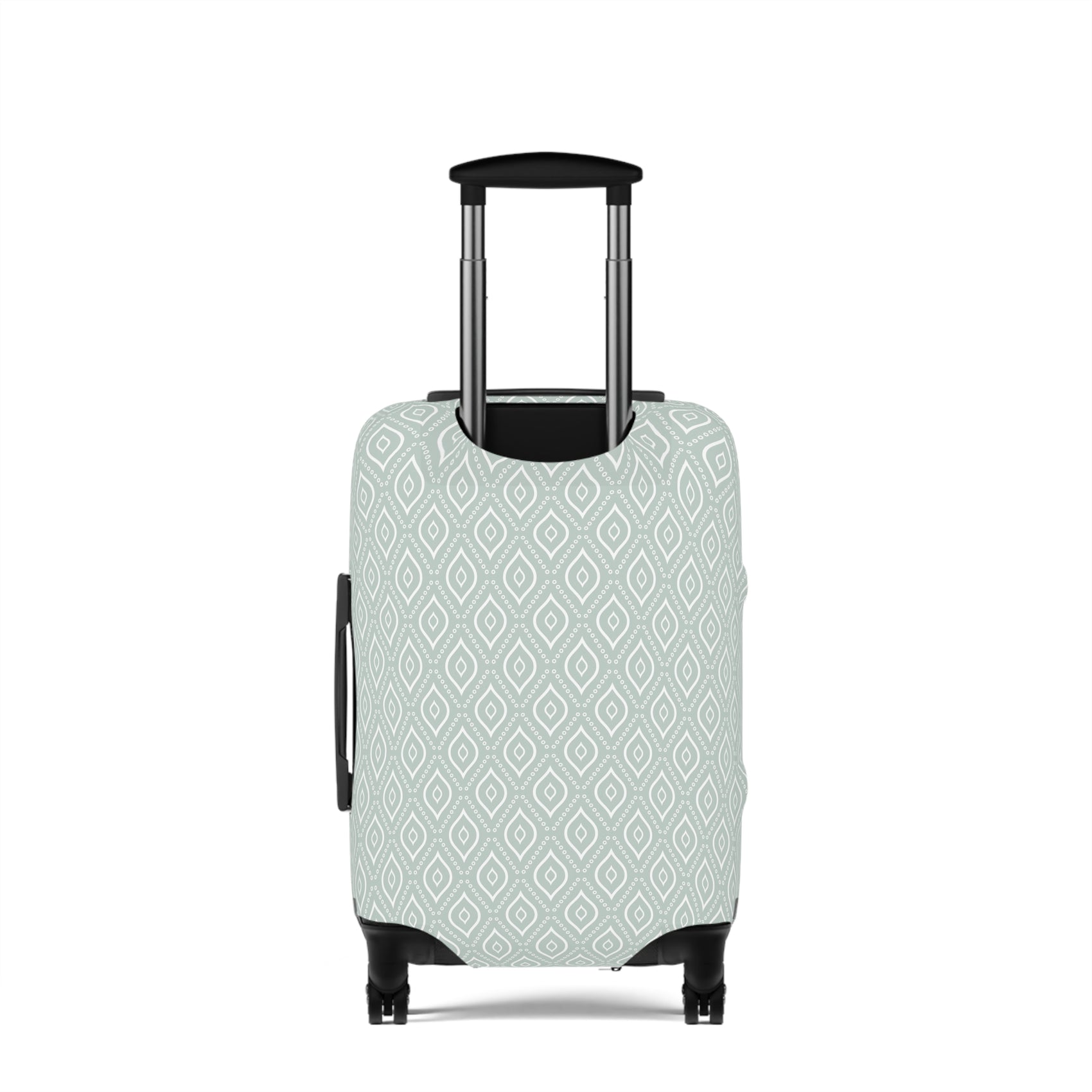 Persian Grace teal geometric stretch luggage cover with white diamond pattern on rolling suitcase