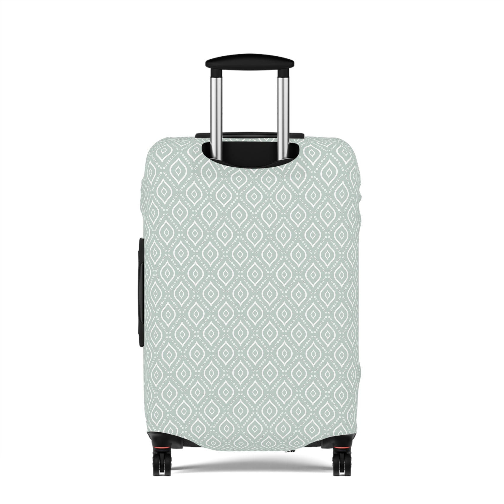 Persian Grace teal geometric stretch luggage cover with white diamond pattern on rolling suitcase