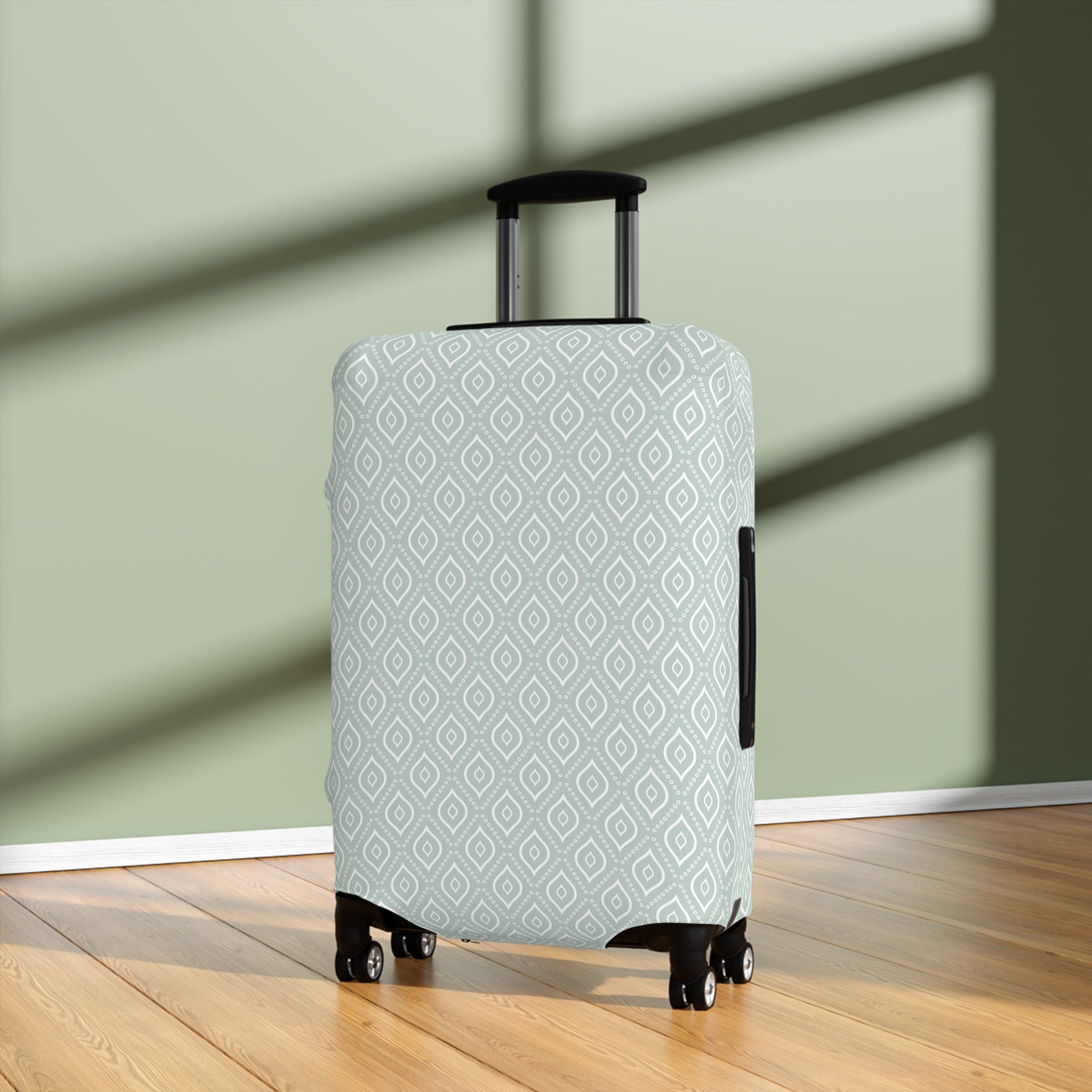 Persian Grace teal geometric stretch luggage cover with white diamond pattern on rolling suitcase