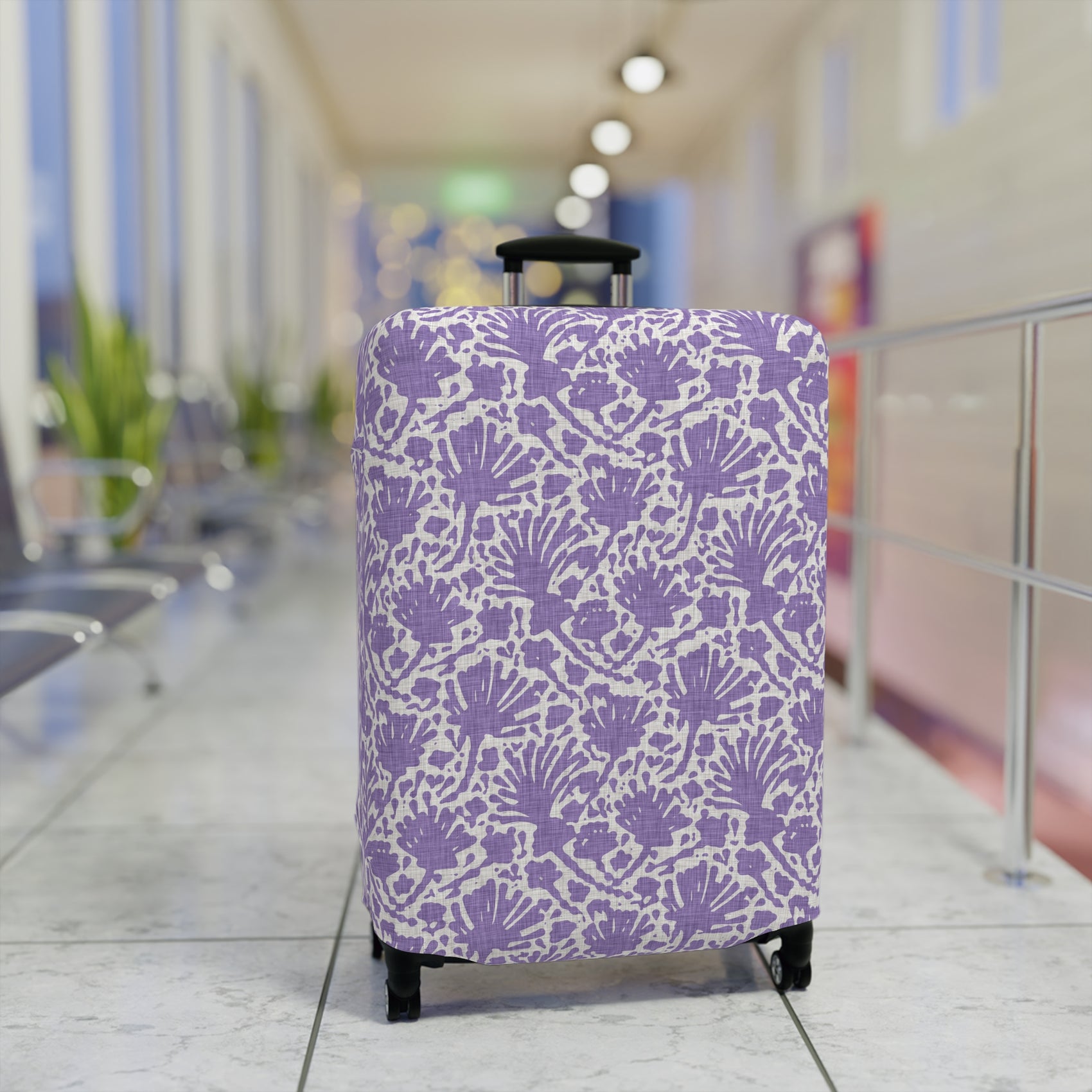 Provençal Lavender floral stretch luggage cover in soft purple tones