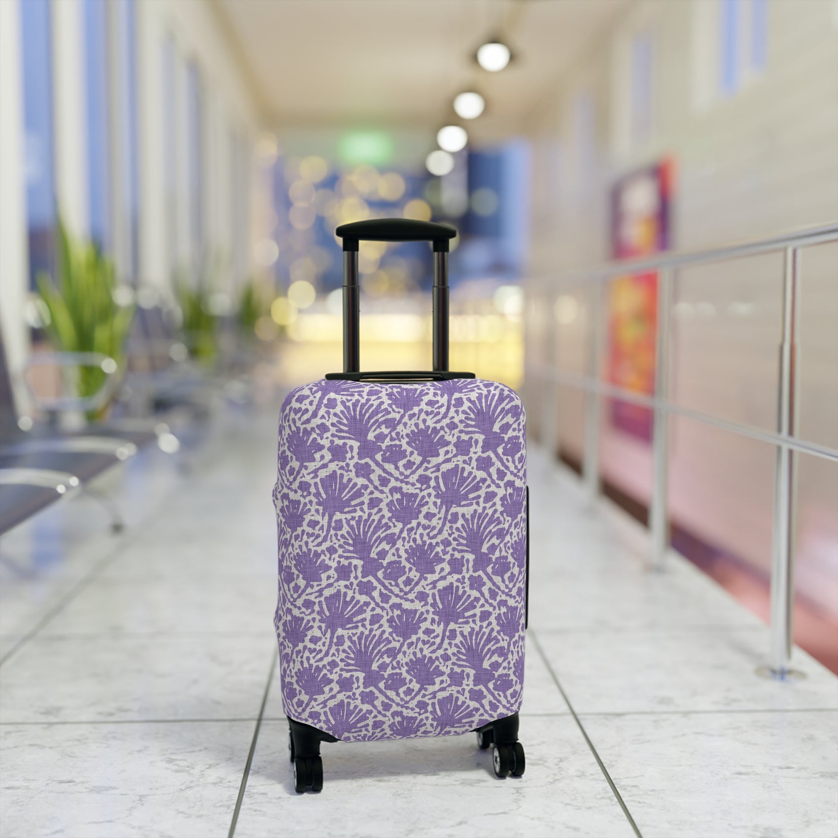 Provençal Lavender floral stretch luggage cover in soft purple tones