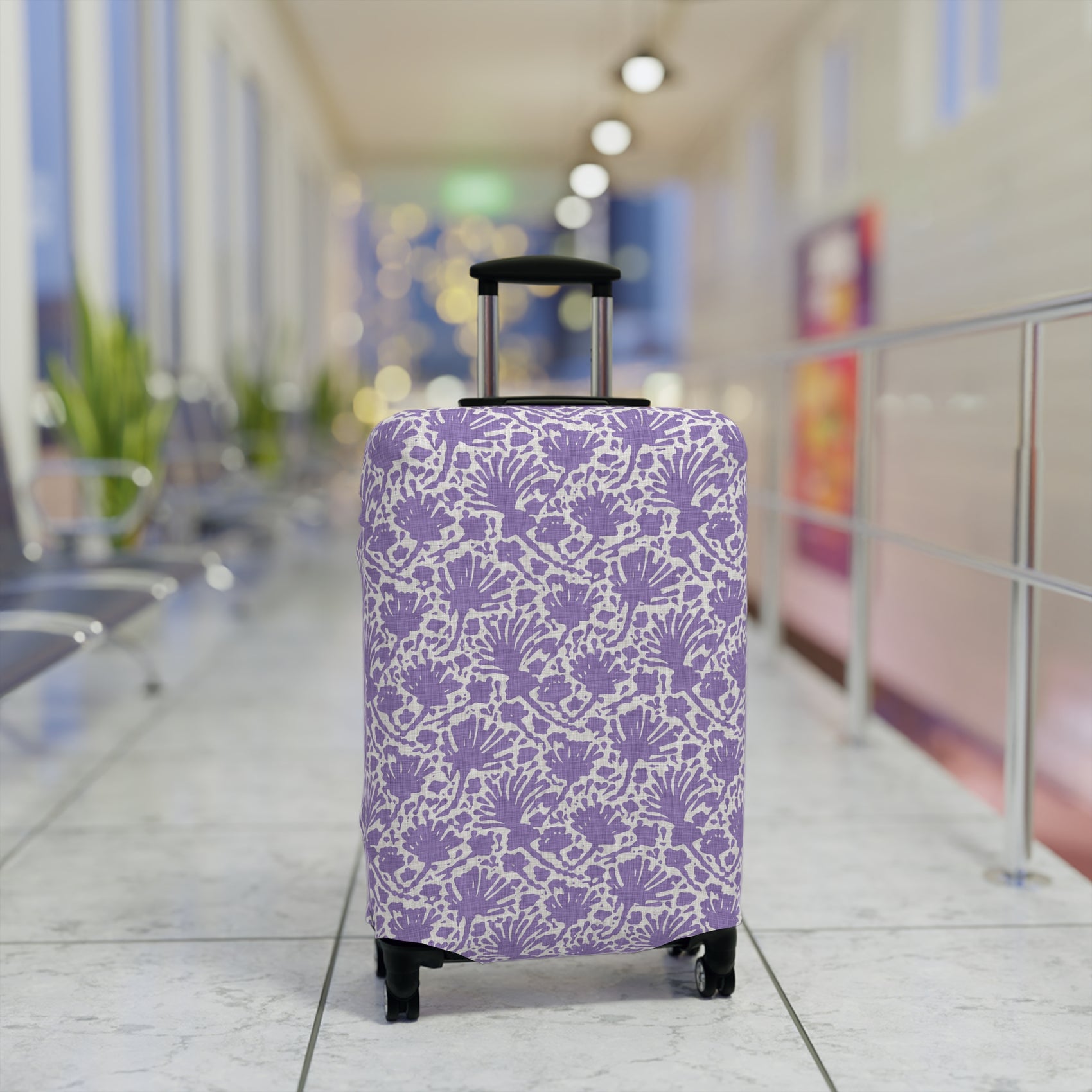Provençal Lavender floral stretch luggage cover in soft purple tones