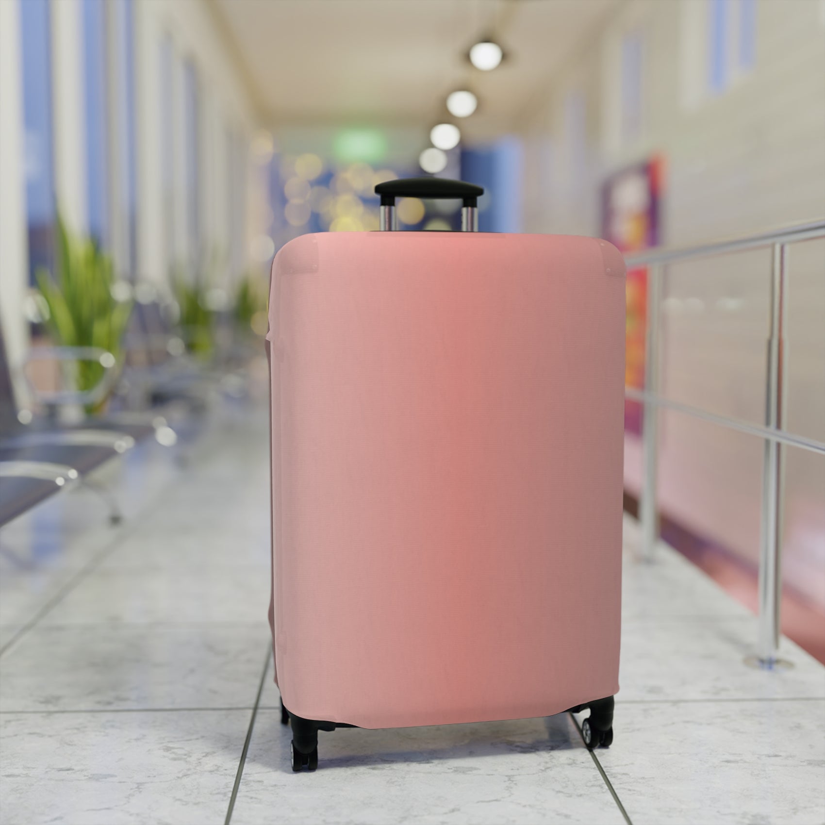 Rosé Afternoon pink stretch luggage cover with blush gradient design fitted on rolling suitcase