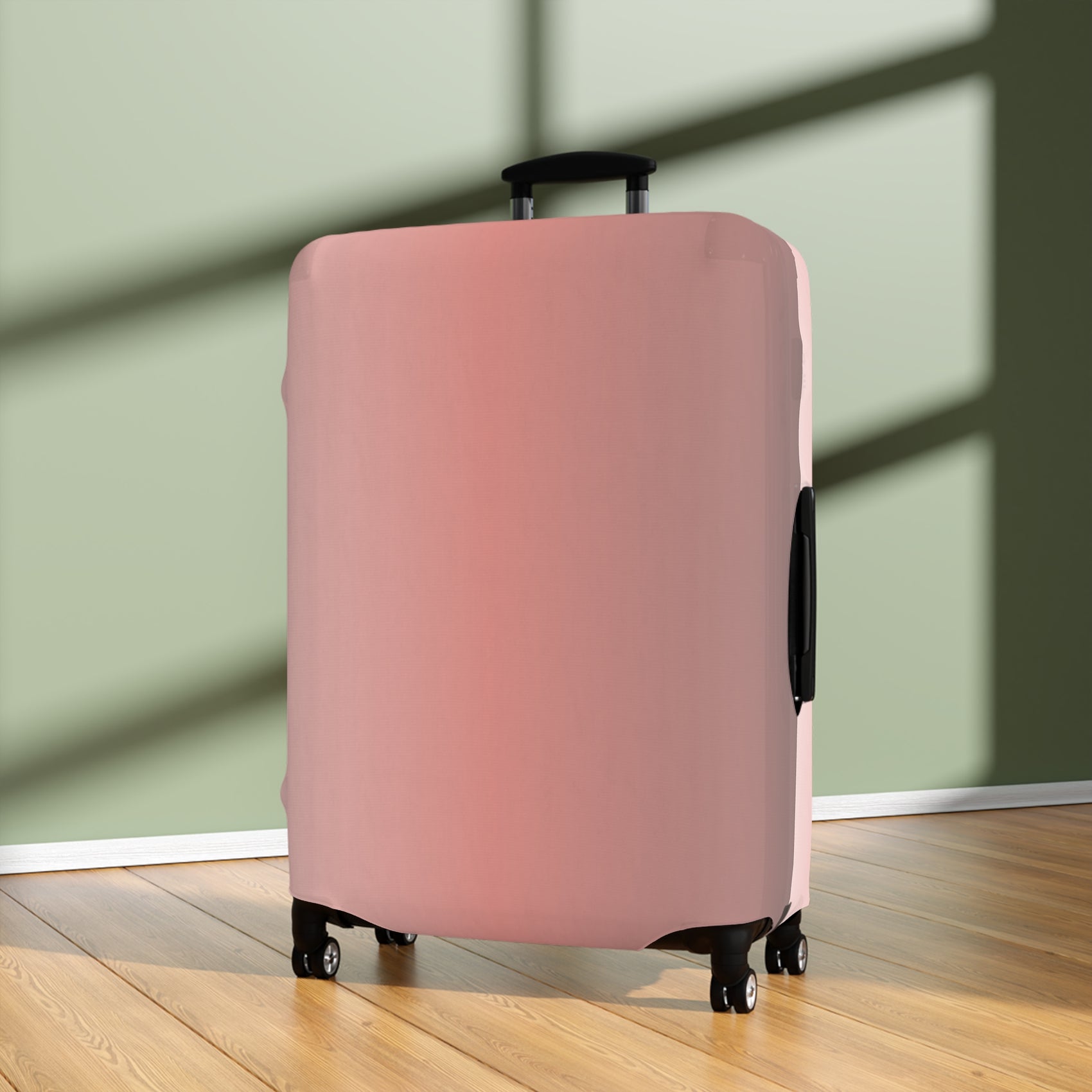 Rosé Afternoon pink stretch luggage cover with blush gradient design fitted on rolling suitcase