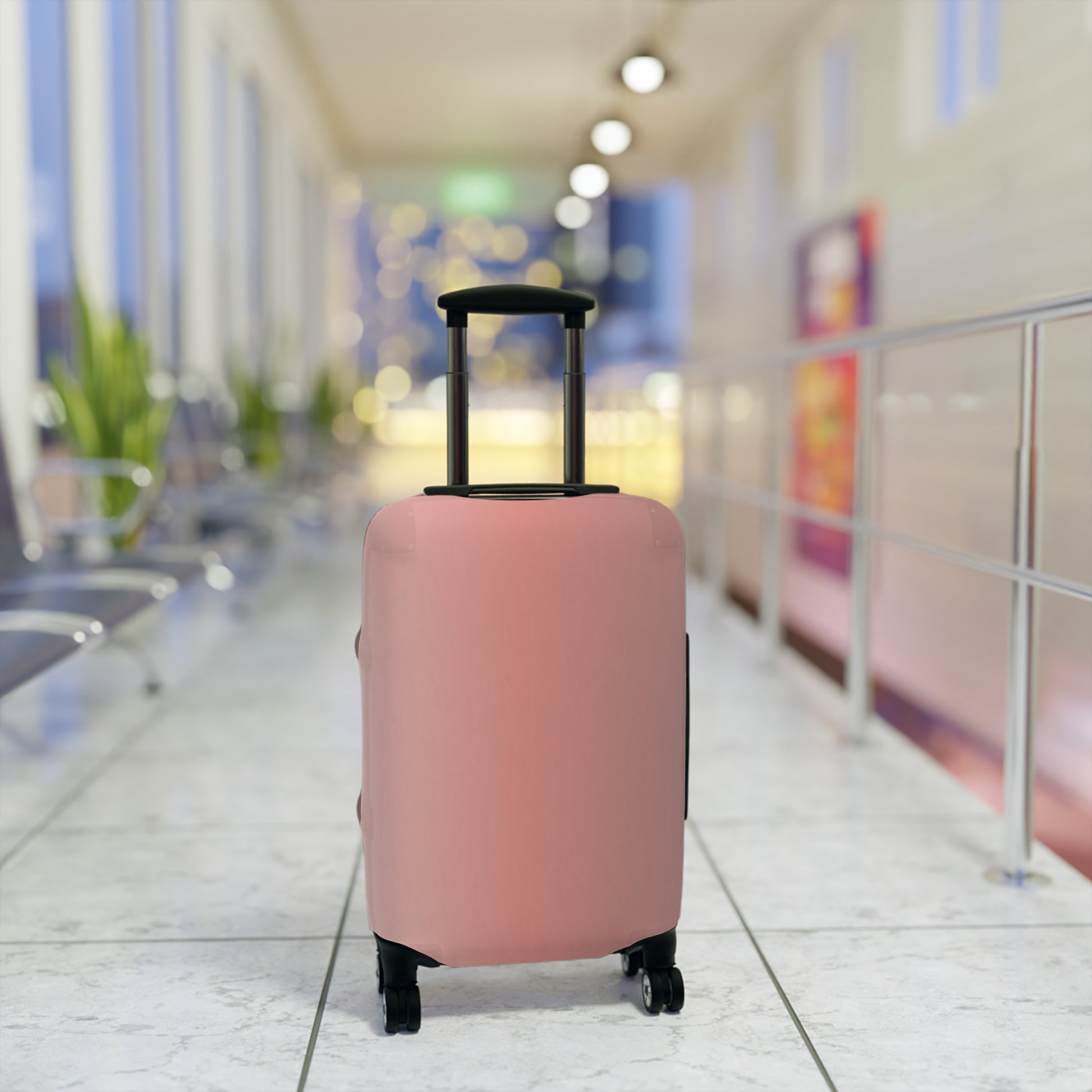 Rosé Afternoon pink stretch luggage cover with blush gradient design fitted on rolling suitcase