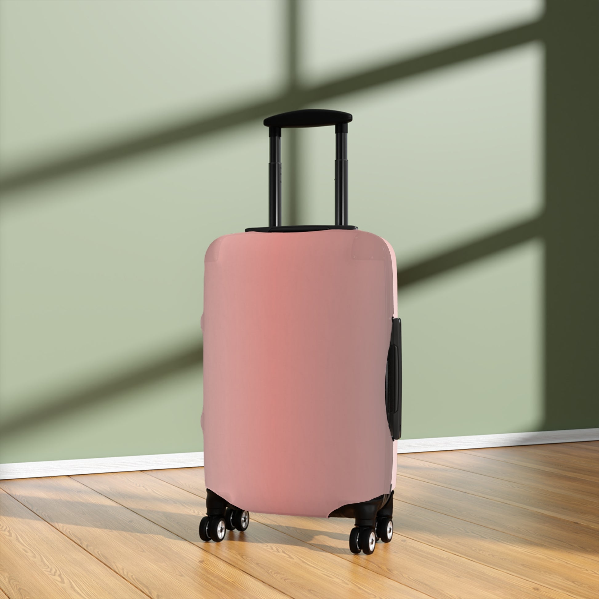Rosé Afternoon pink stretch luggage cover with blush gradient design fitted on rolling suitcase