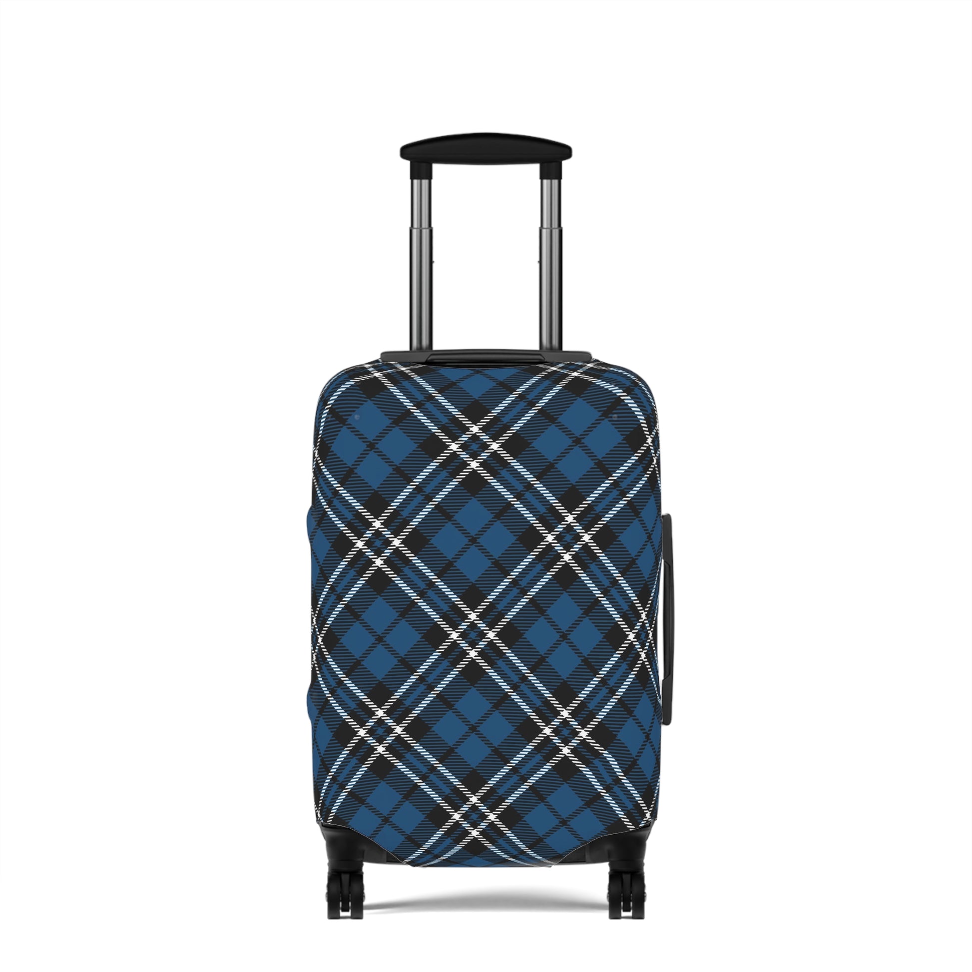 Scottish Highlander blue tartan stretch luggage cover fitted on rolling suitcase