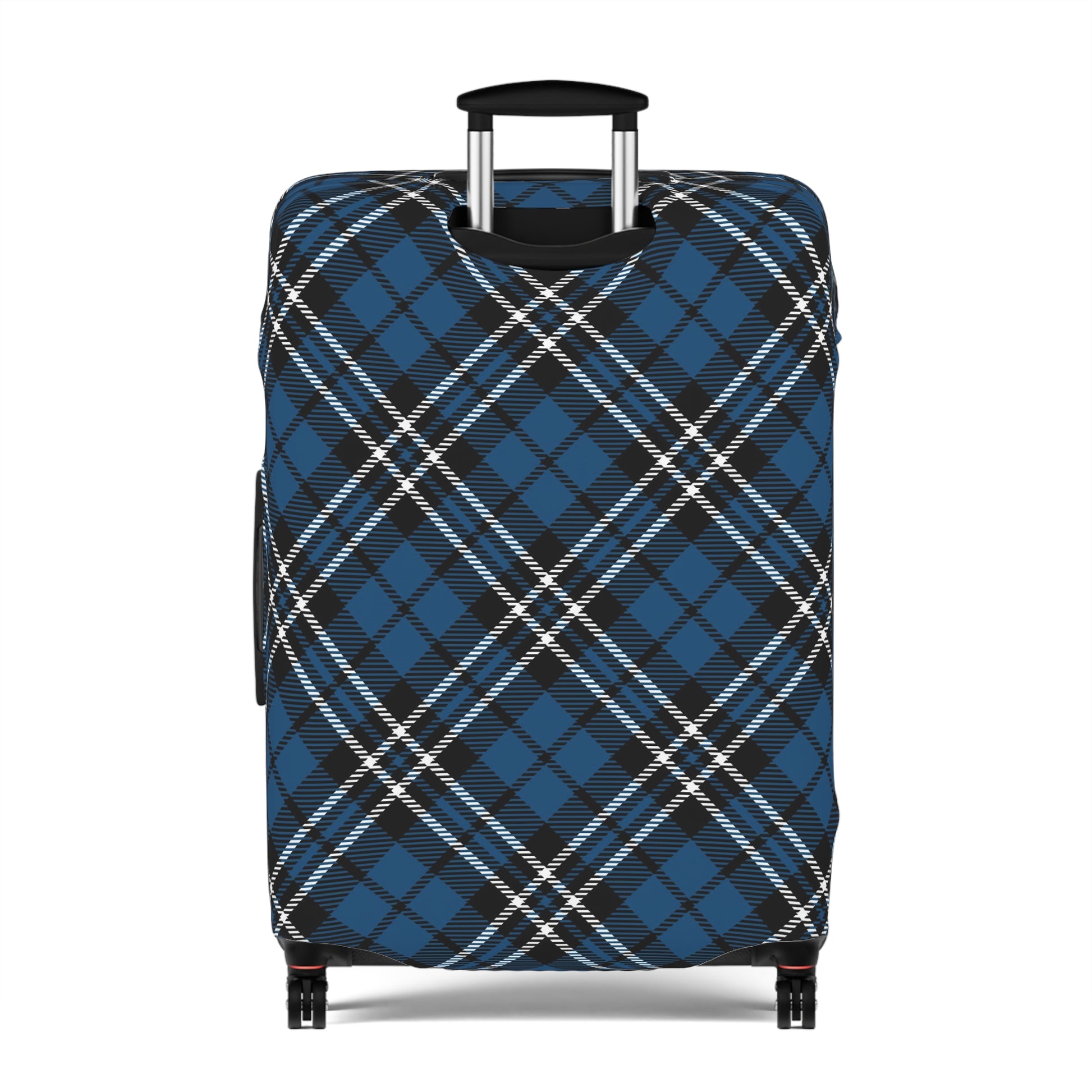 Scottish Highlander blue tartan stretch luggage cover fitted on rolling suitcase