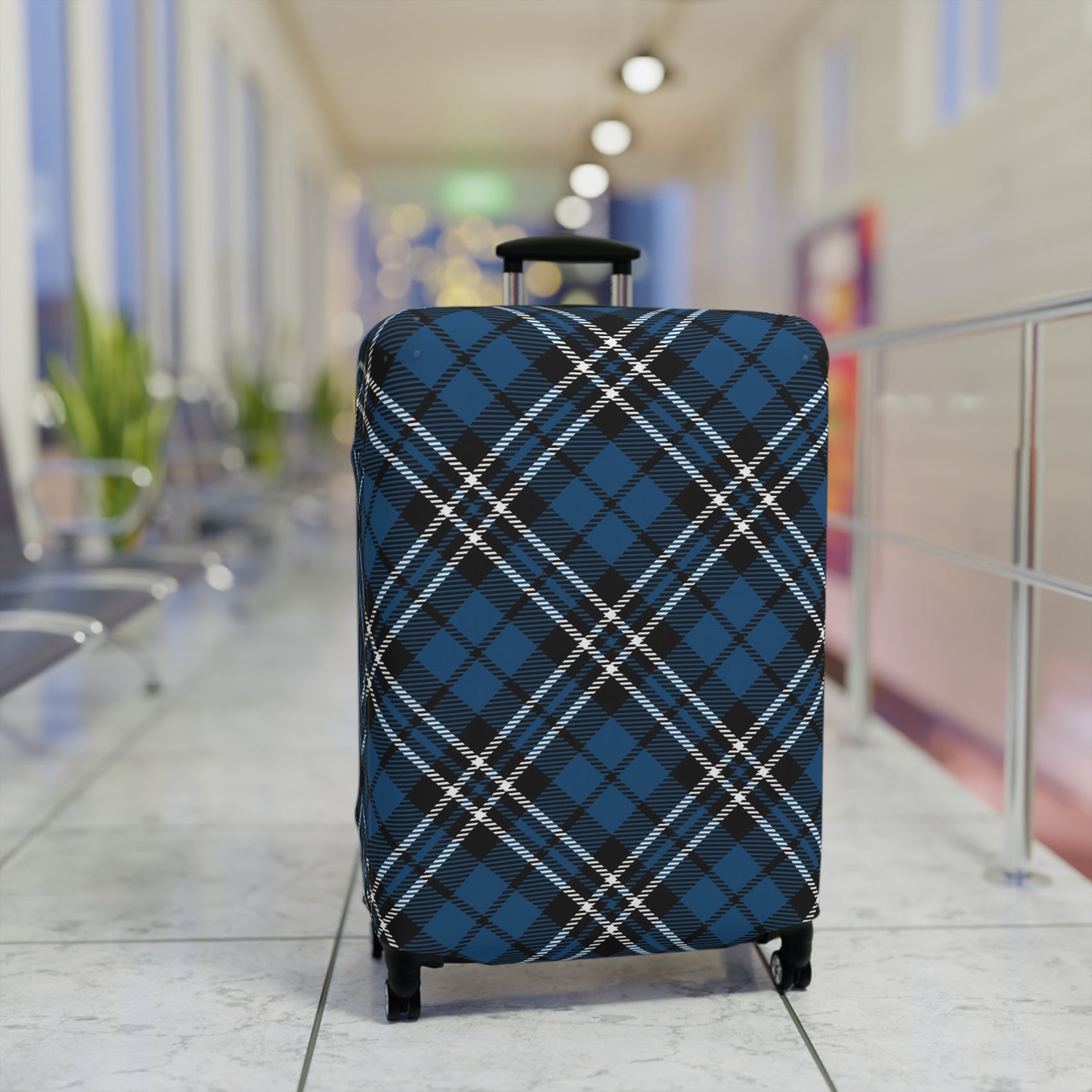 Scottish Highlander blue tartan stretch luggage cover fitted on rolling suitcase