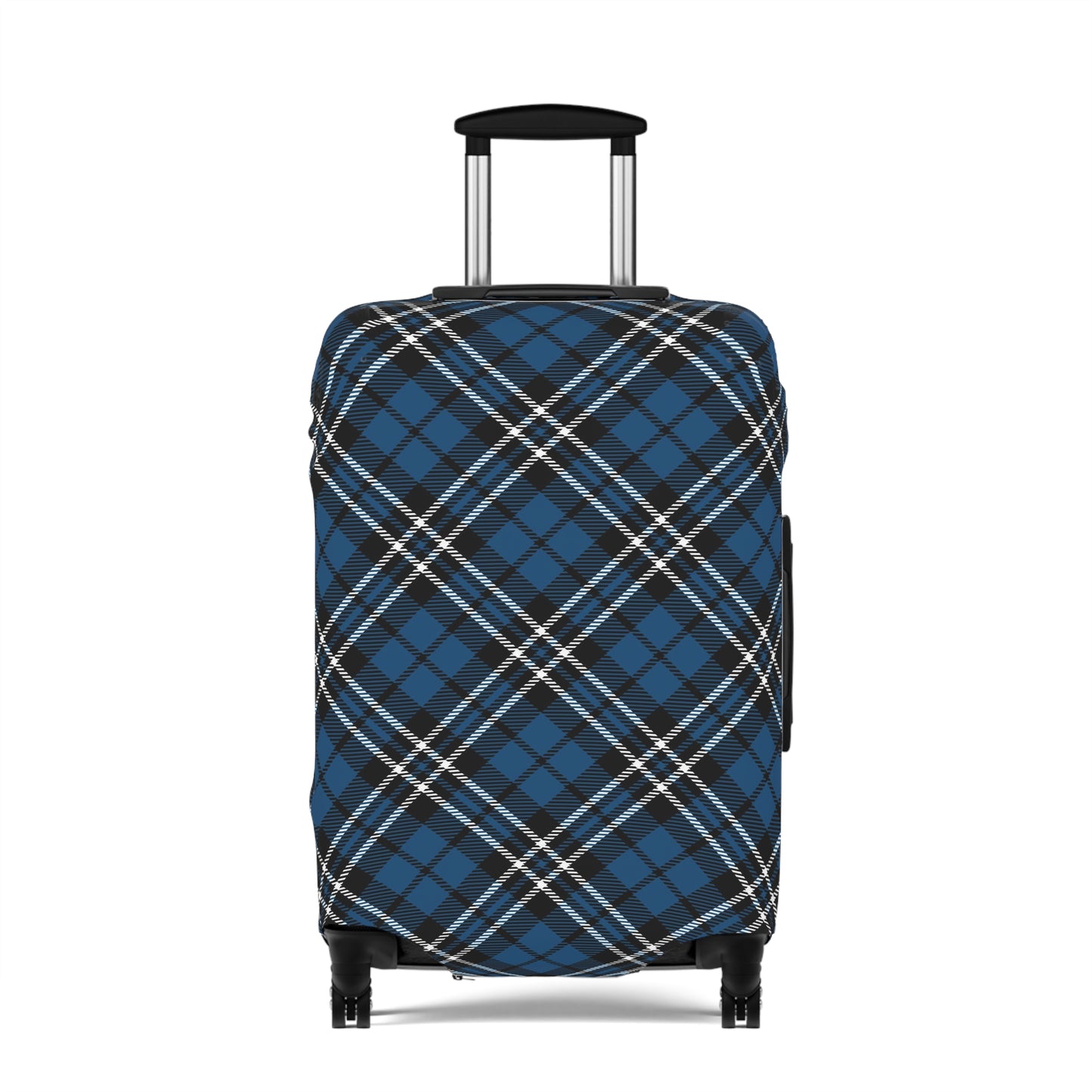 Scottish Highlander blue tartan stretch luggage cover fitted on rolling suitcase