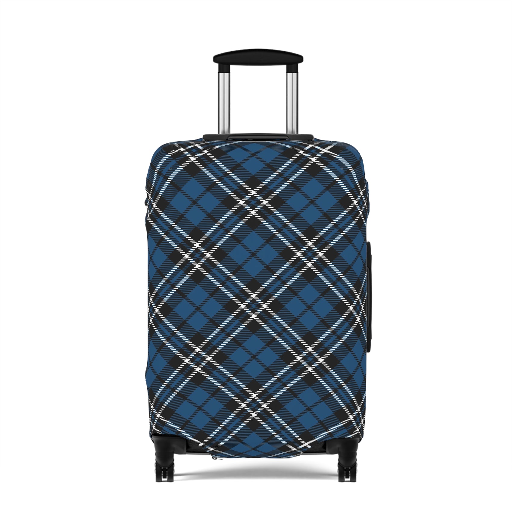 Scottish Highlander blue tartan stretch luggage cover fitted on rolling suitcase
