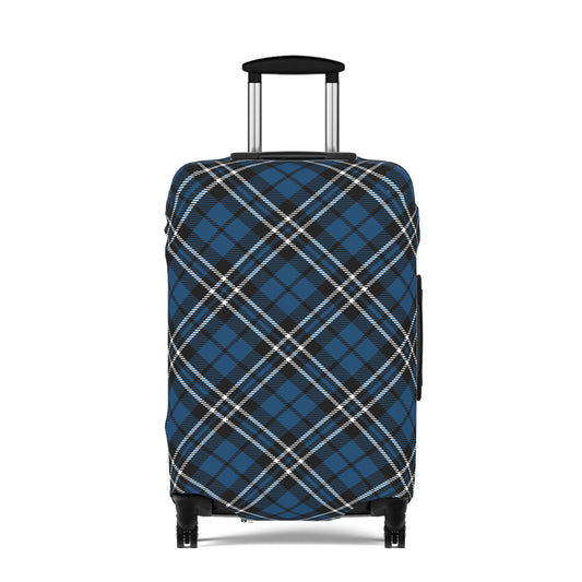 Scottish Highlander blue tartan stretch luggage cover fitted on rolling suitcase