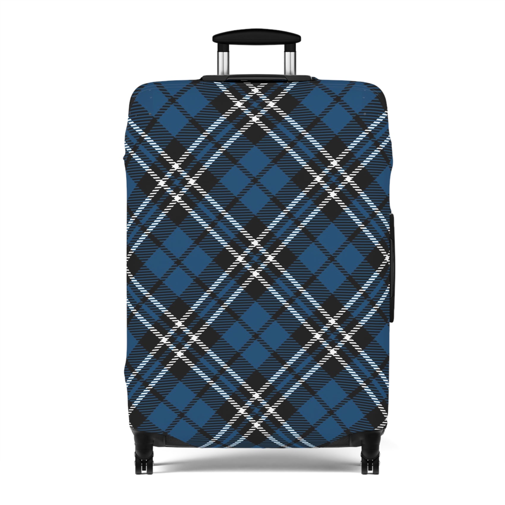 Scottish Highlander blue tartan stretch luggage cover fitted on rolling suitcase