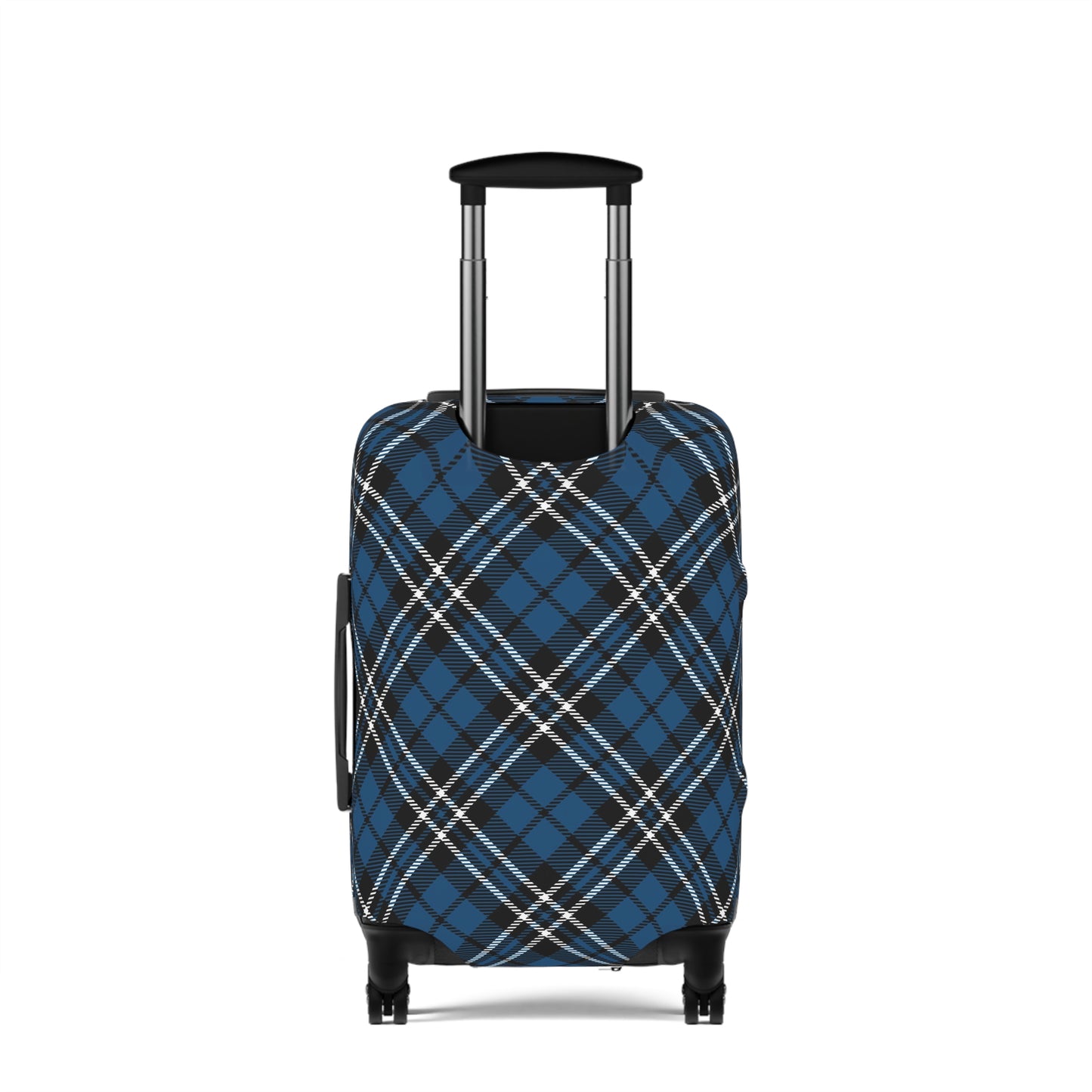 Scottish Highlander blue tartan stretch luggage cover fitted on rolling suitcase