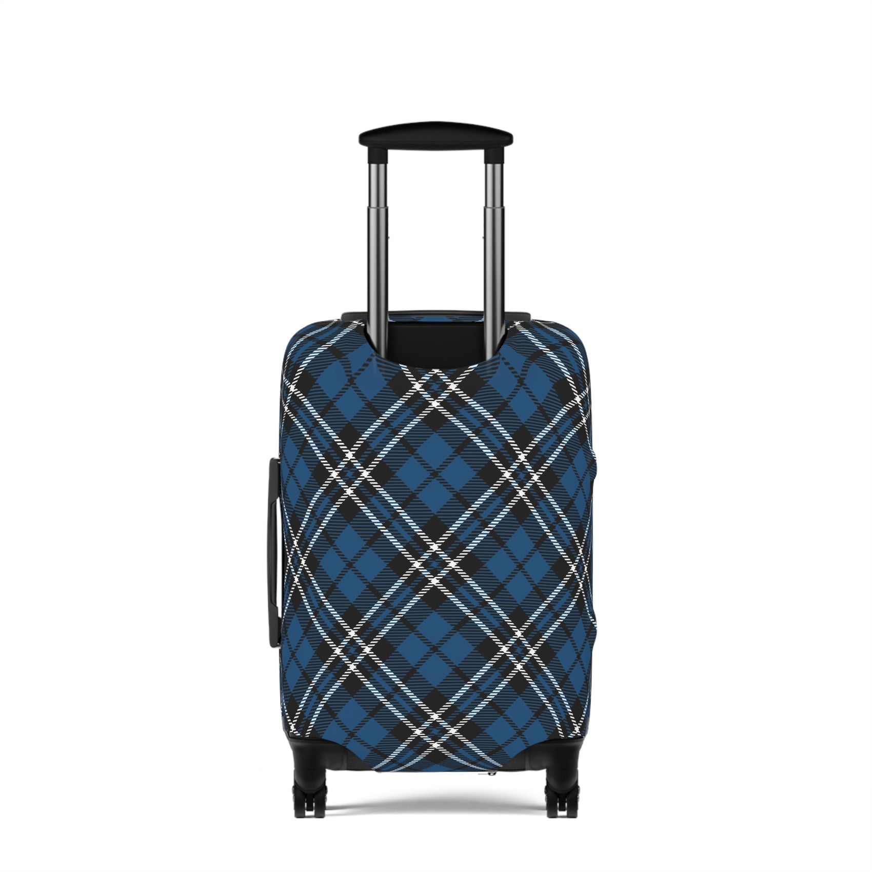 Scottish Highlander blue tartan stretch luggage cover fitted on rolling suitcase